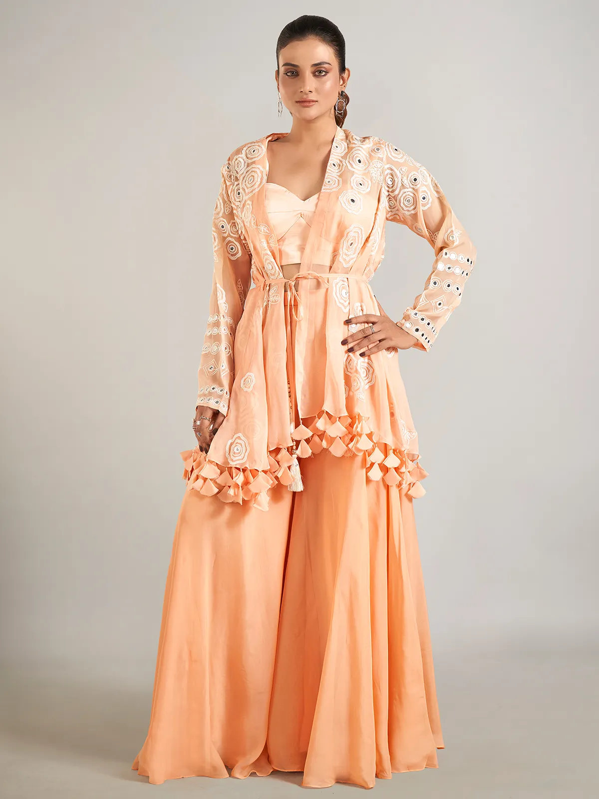 Peach georgette palazzo suit with jacket