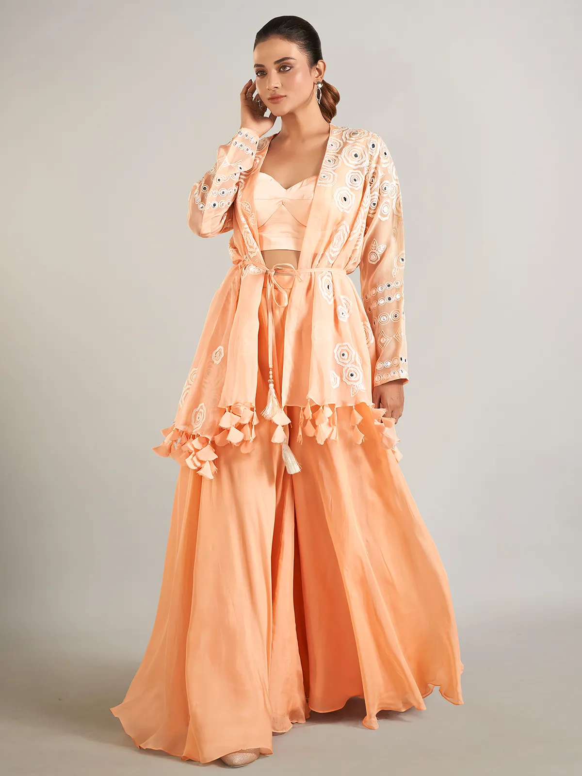 Peach georgette palazzo suit with jacket
