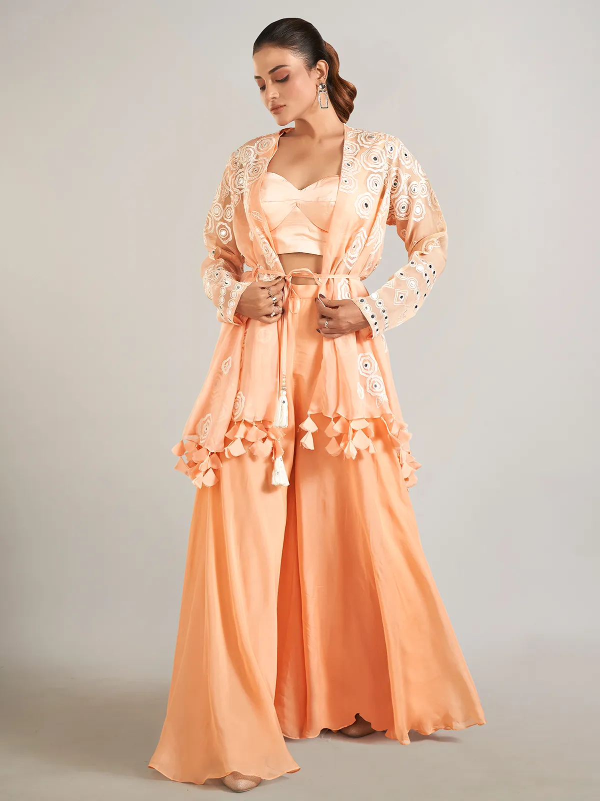 Peach georgette palazzo suit with jacket