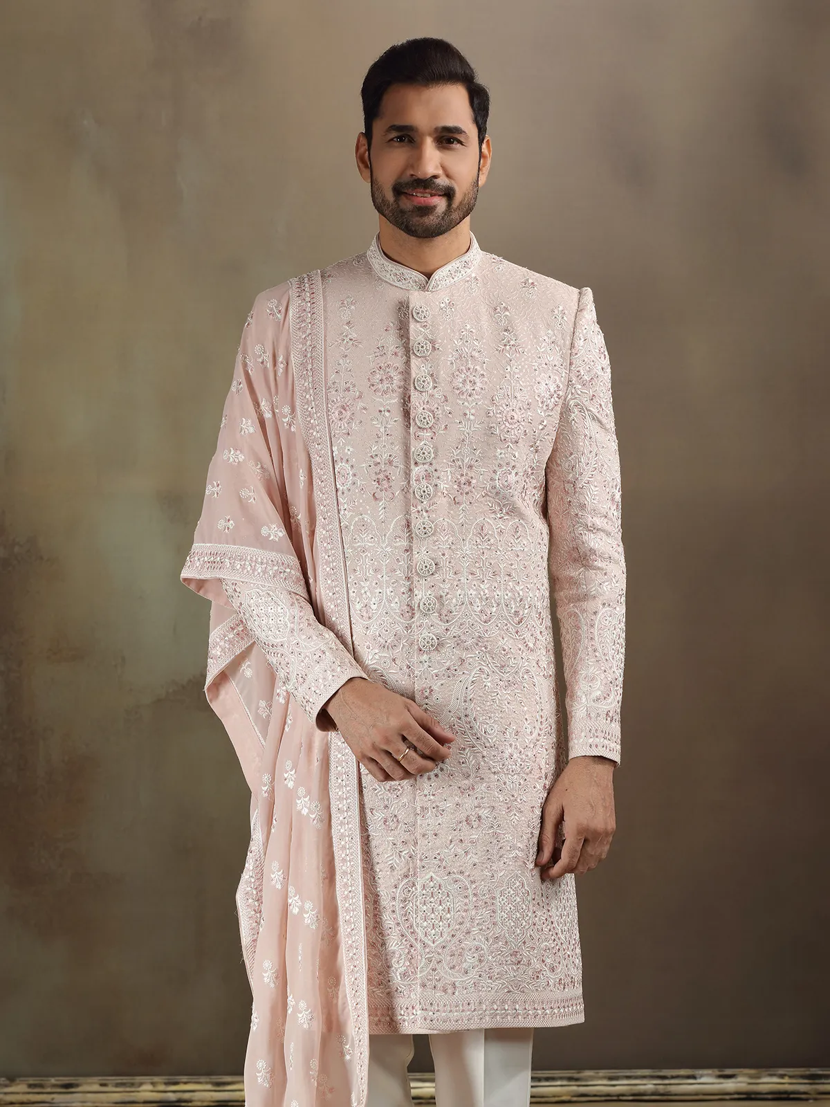 Peach georgette sherwani with dupatta and wedding wear