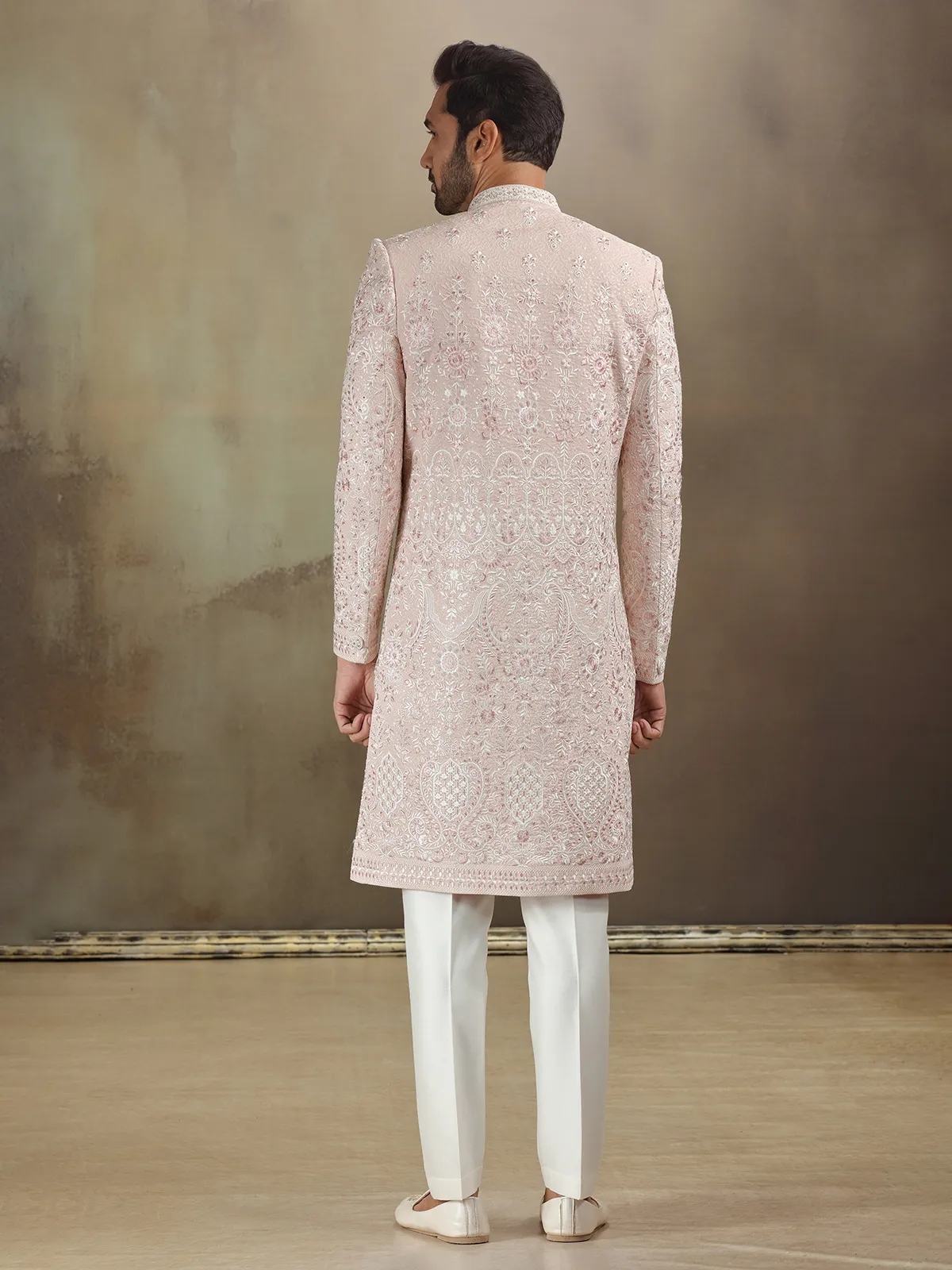 Peach georgette sherwani with dupatta and wedding wear