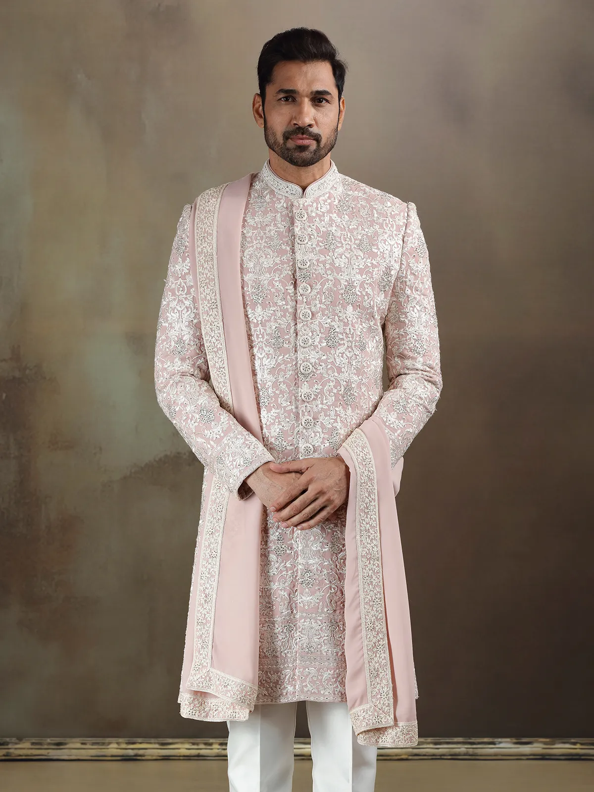 Peach georgette wedding wear sherwani with dupatta
