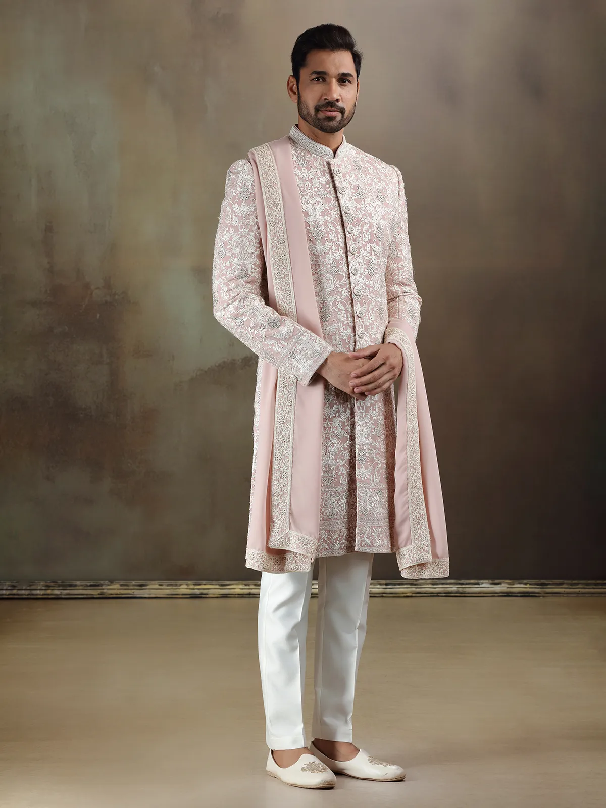 Peach georgette wedding wear sherwani with dupatta