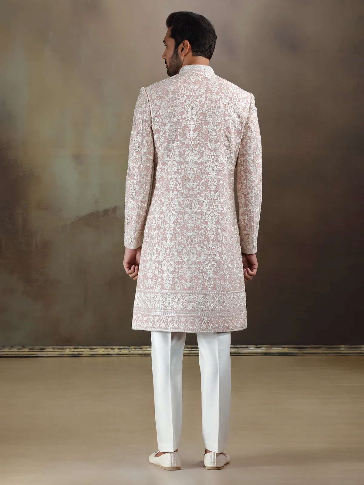 Peach georgette wedding wear sherwani with dupatta