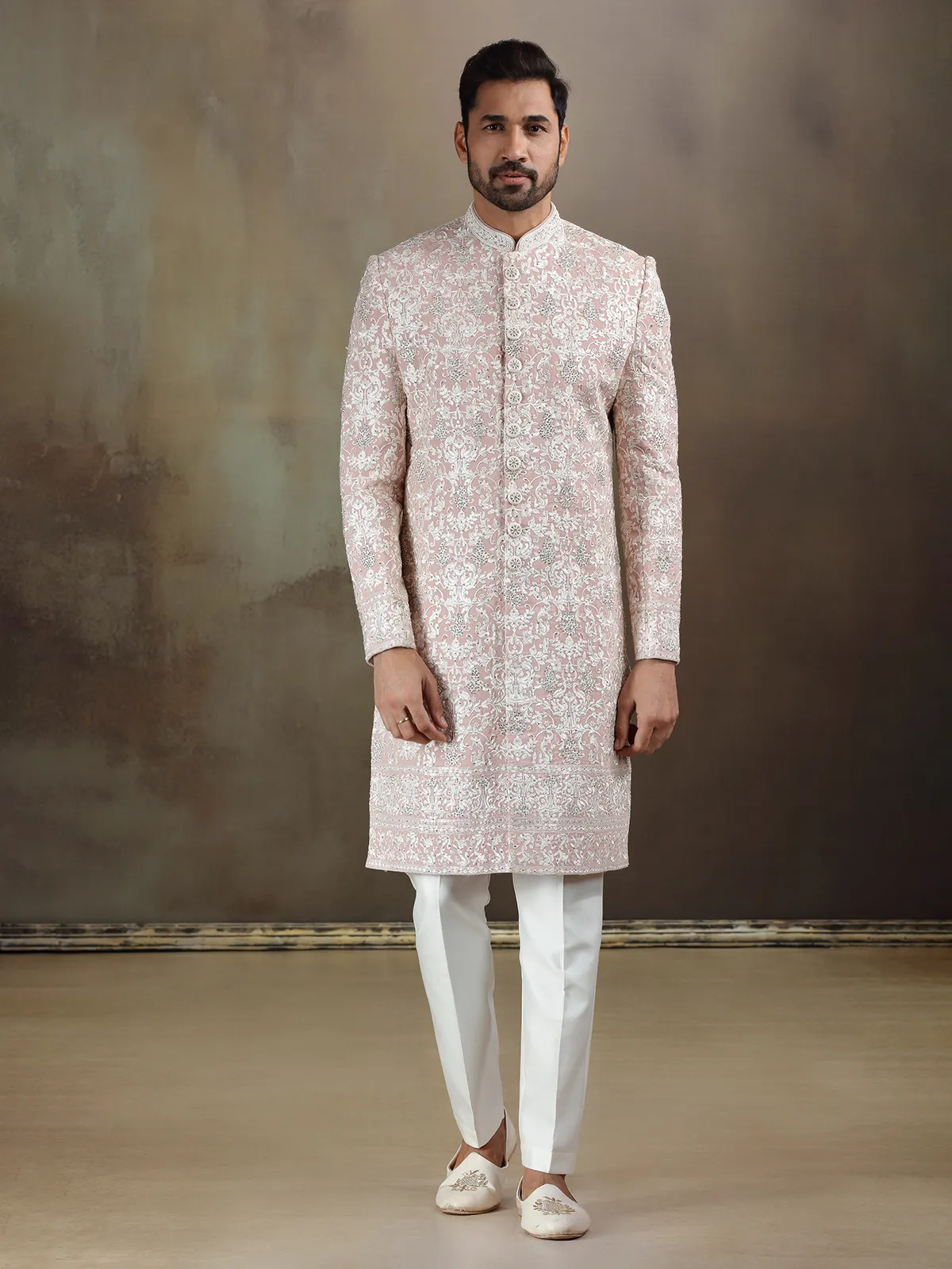 Peach georgette wedding wear sherwani with dupatta