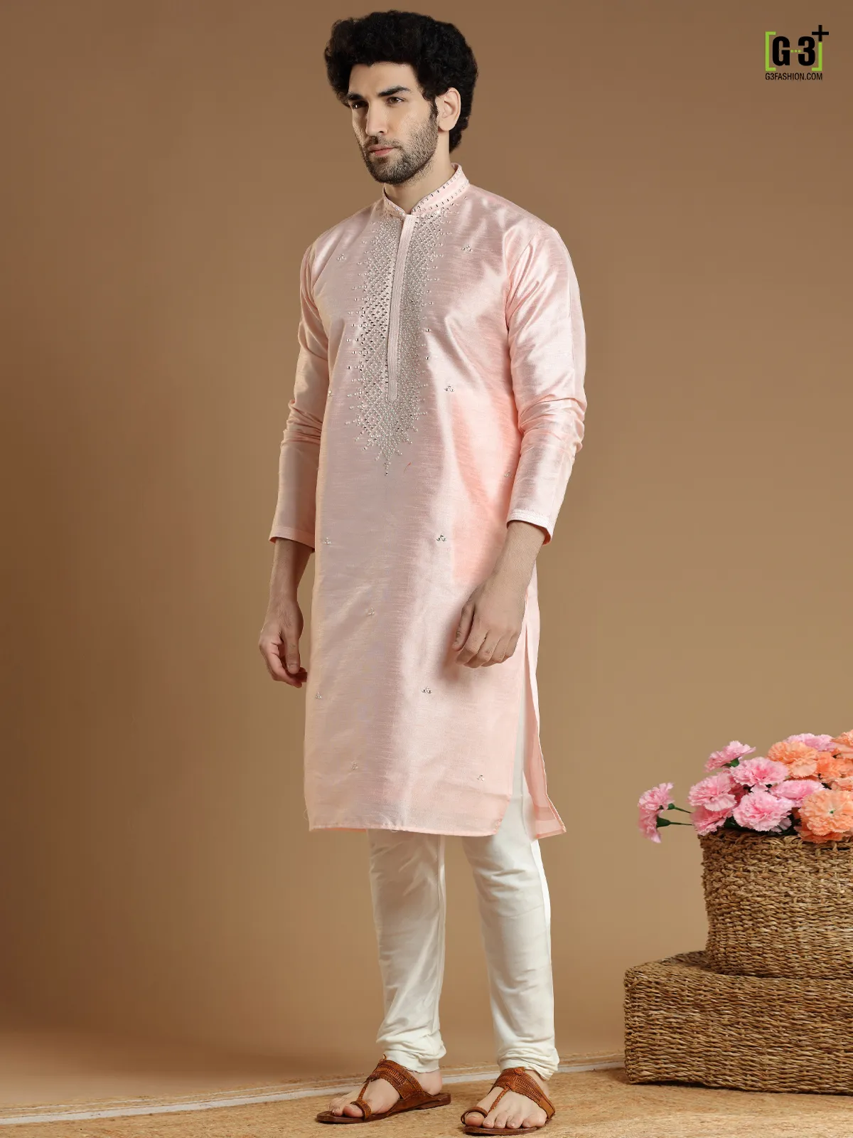 Peach hued cotton silk Kurta Set for Men