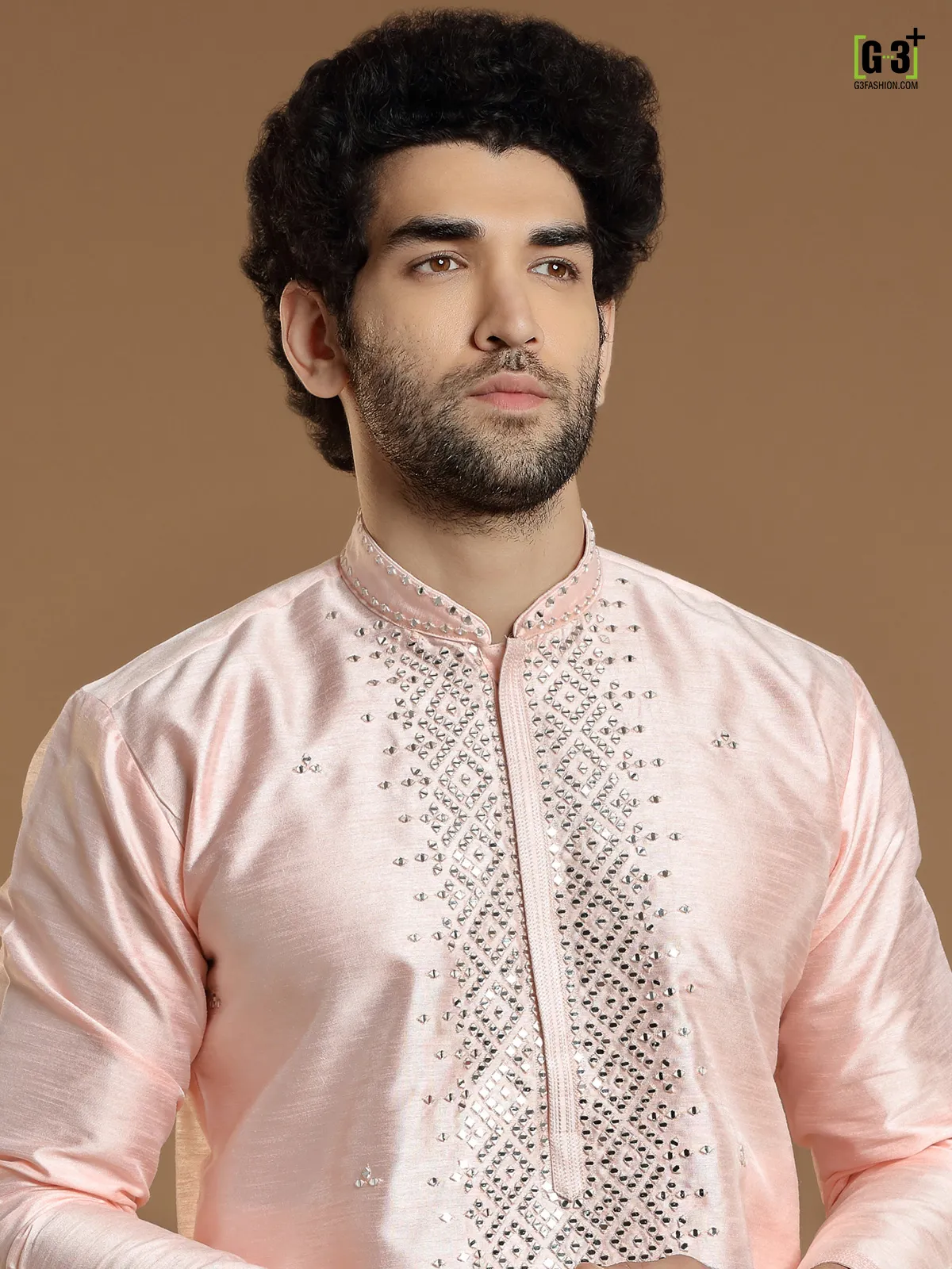 Peach hued cotton silk kurta suit for men