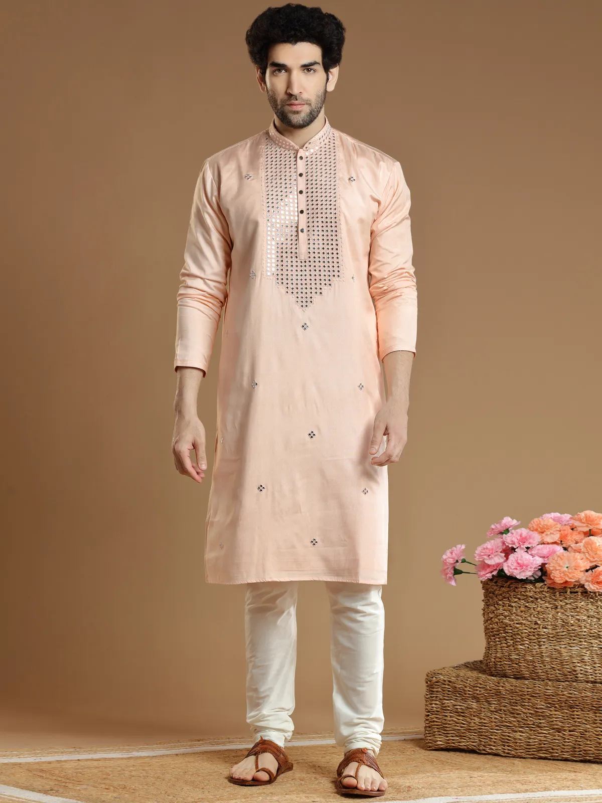 Peach hued festive wear cotton silk  Men Kurta pajama