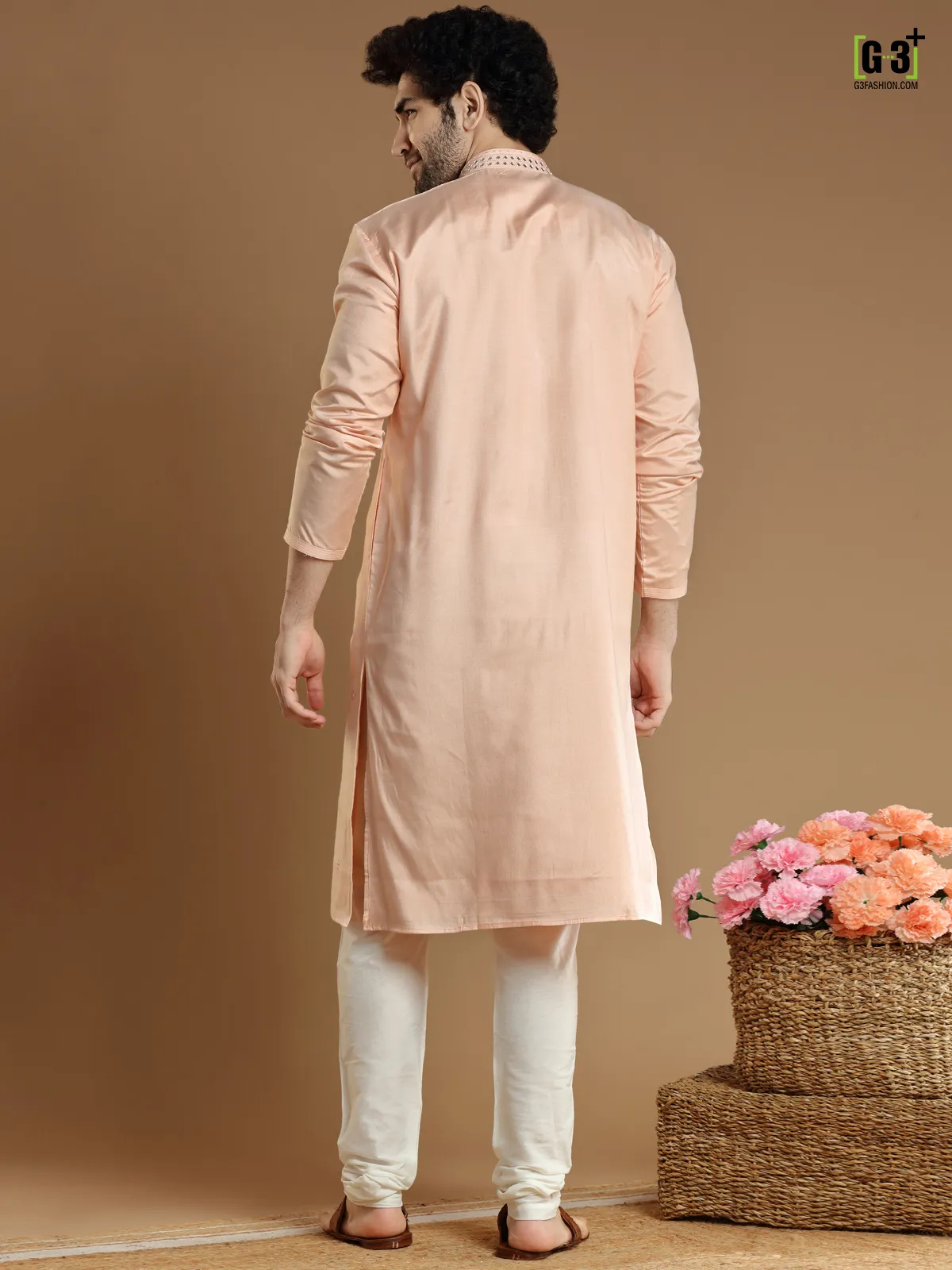 Peach hued festive wear cotton silk  Men Kurta pajama