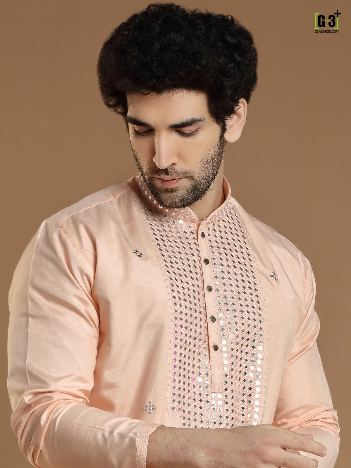 Peach hued festive wear cotton silk kurta suit