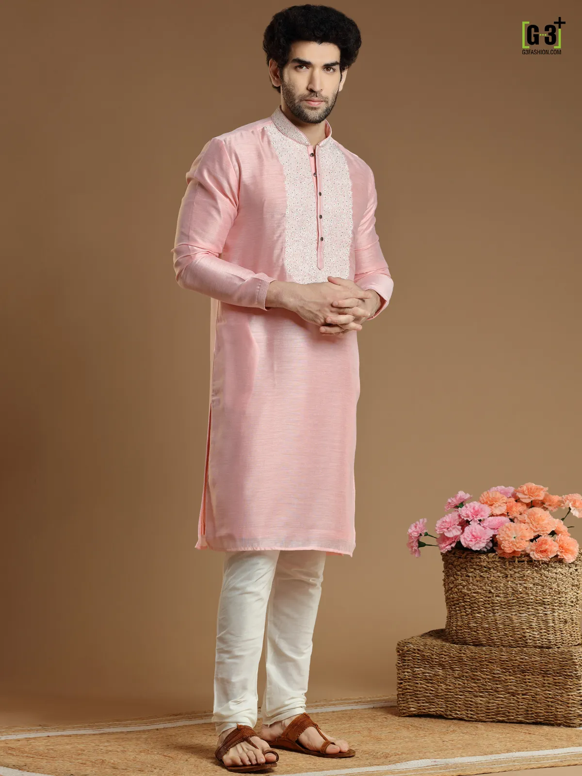 Baby pink hued silk Kurta Set for Men