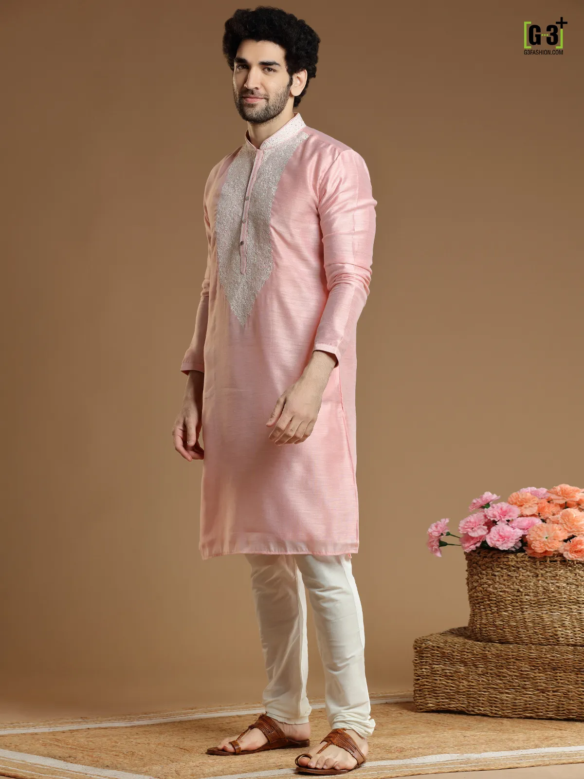 Baby pink hued silk kurta suit for men