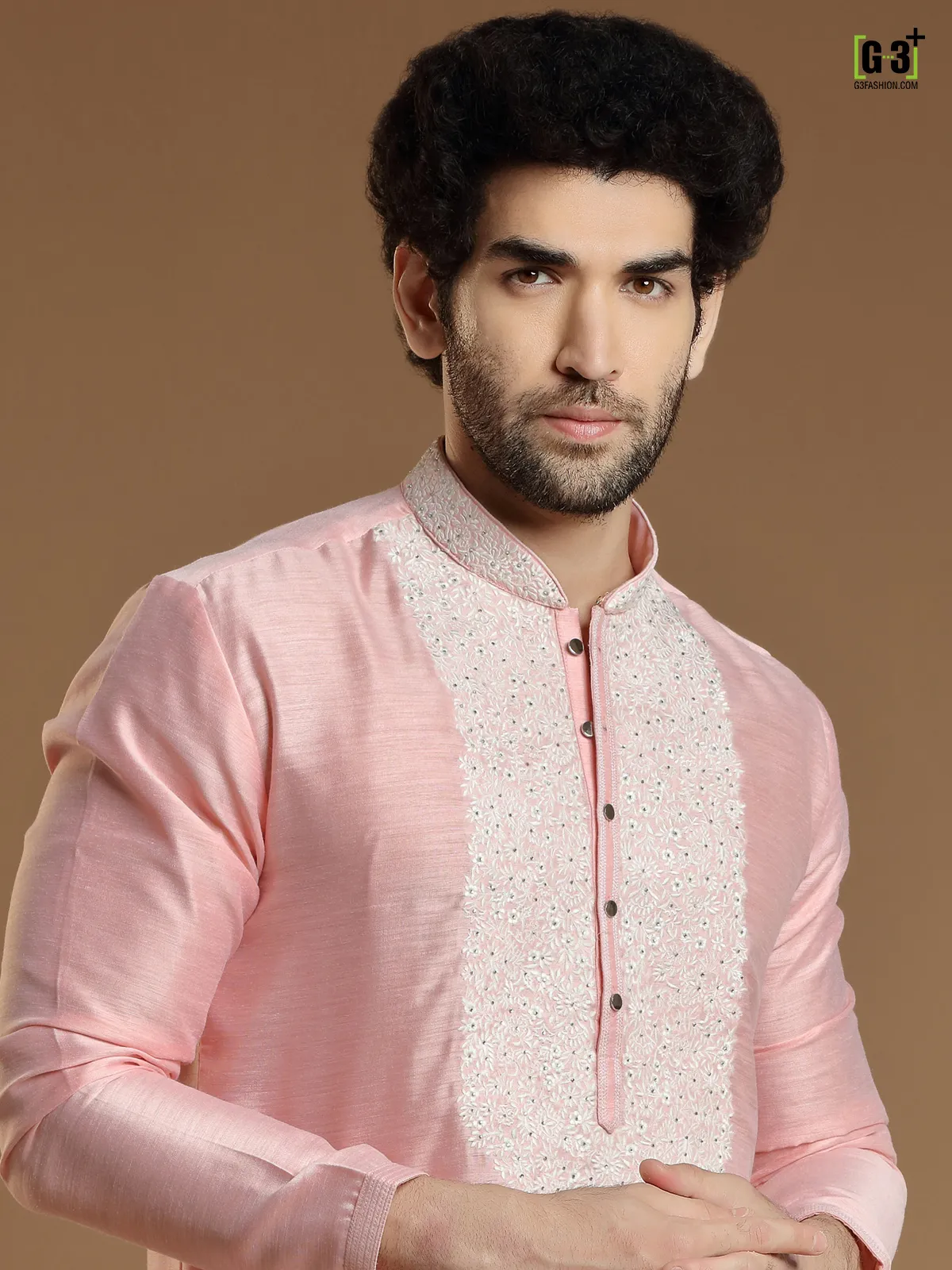 Baby pink hued silk kurta suit for men