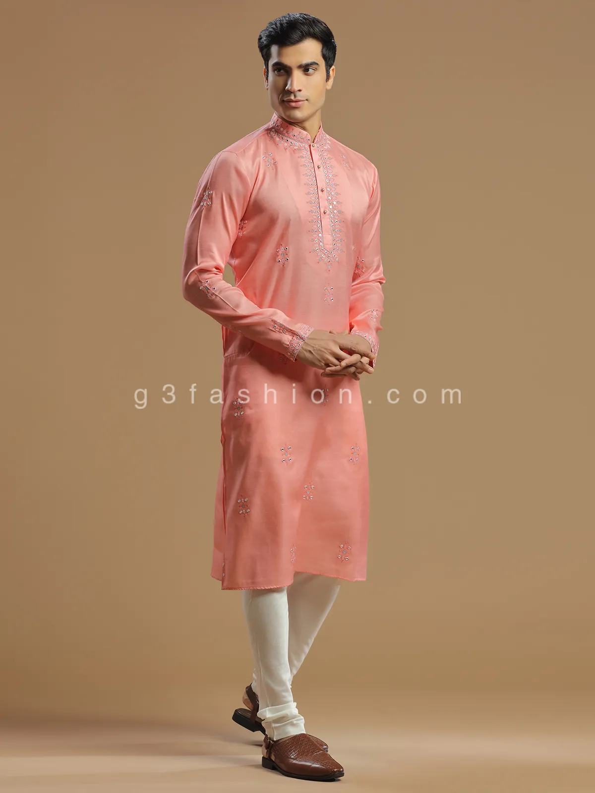 Peach men silk  Kurta pajama for festive look