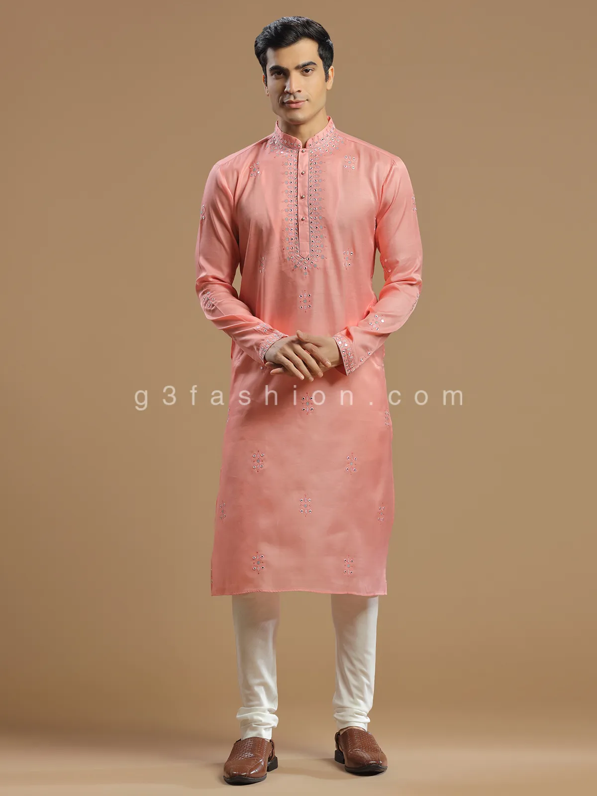 Peach men silk kurta suit for festive look