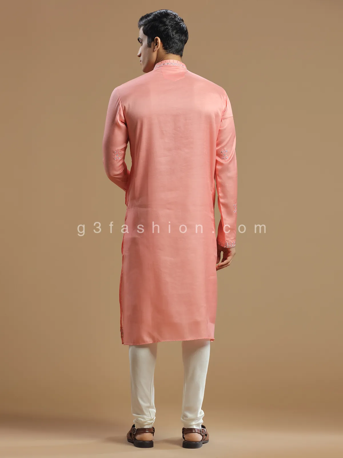 Peach men silk kurta suit for festive look
