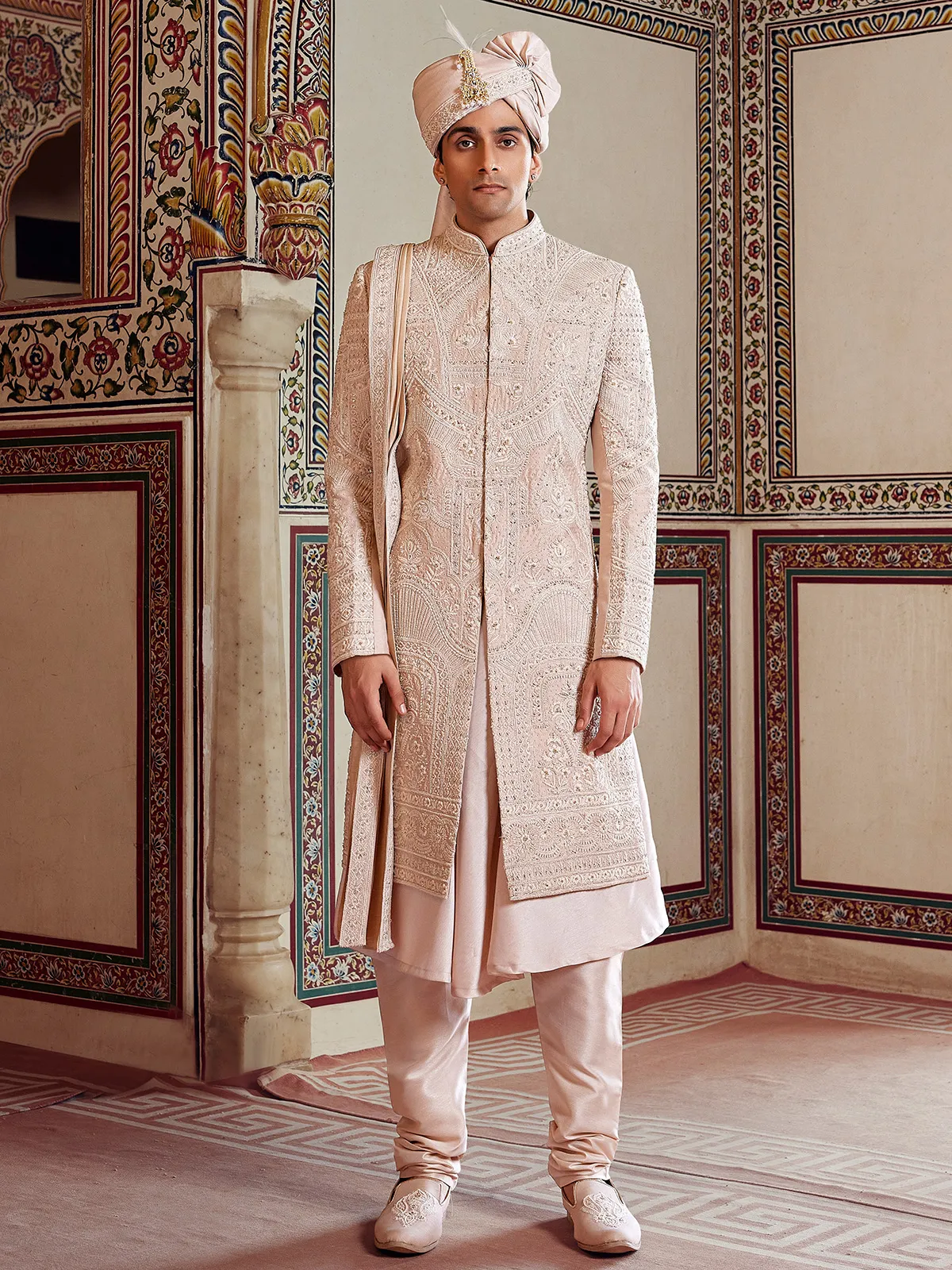 Peach peshwai style raw silk sherwani for groom