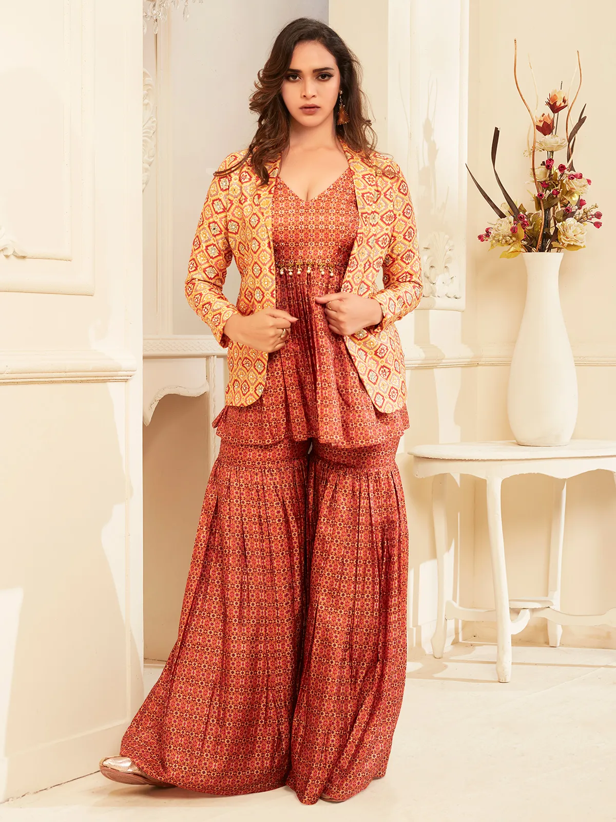 Peach printed jacket style sharara suit