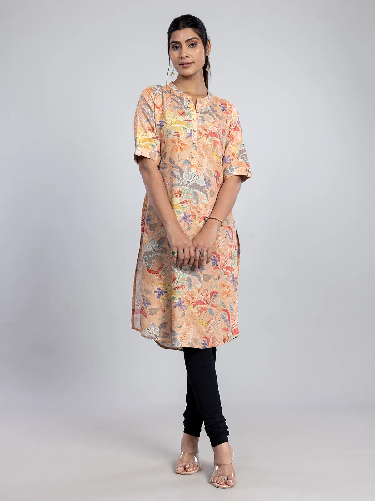 Peach printed linen kurti for women