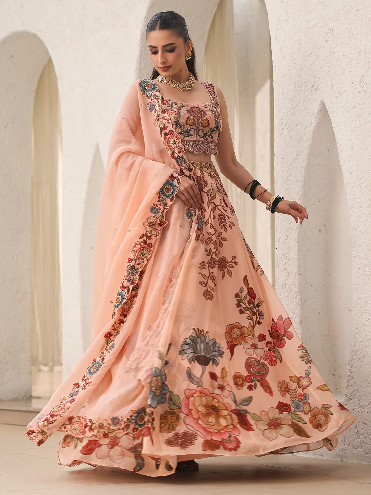 Peach printed oragnza lehenga choli