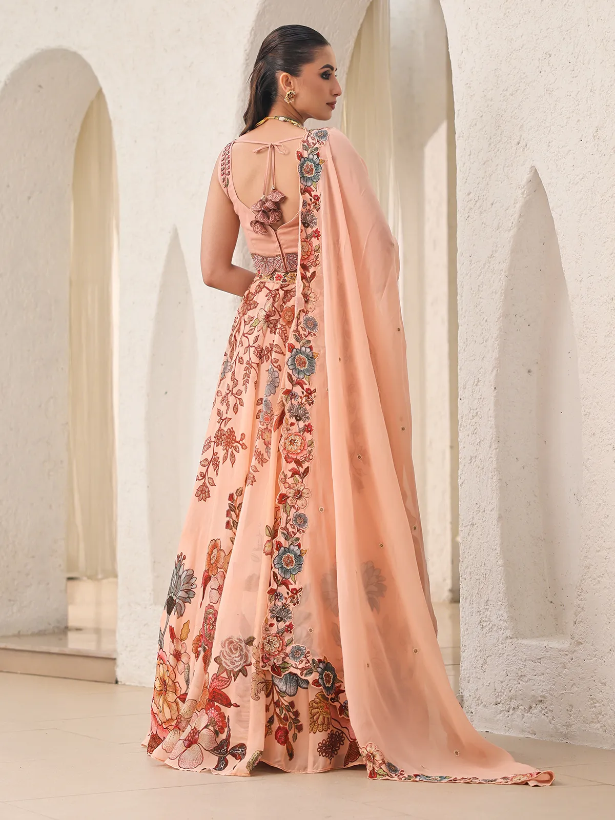 Peach printed oragnza lehenga choli