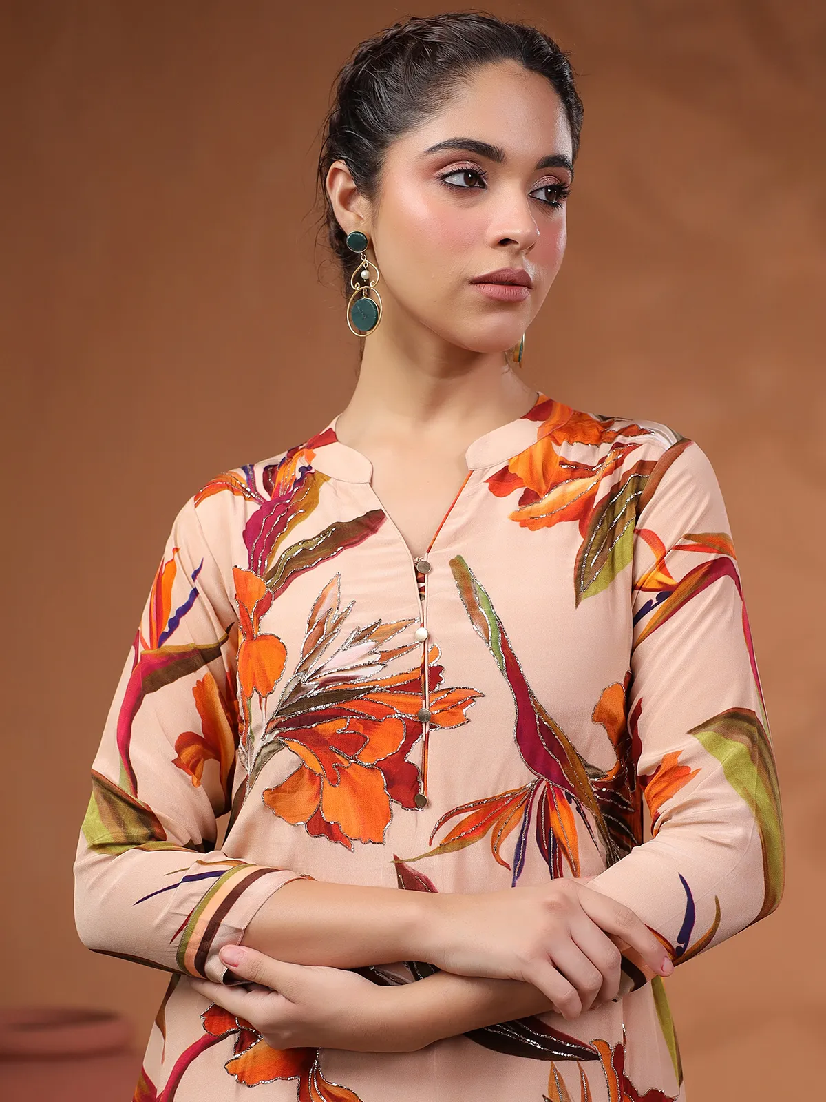 Peach printed silk kurti set for festive