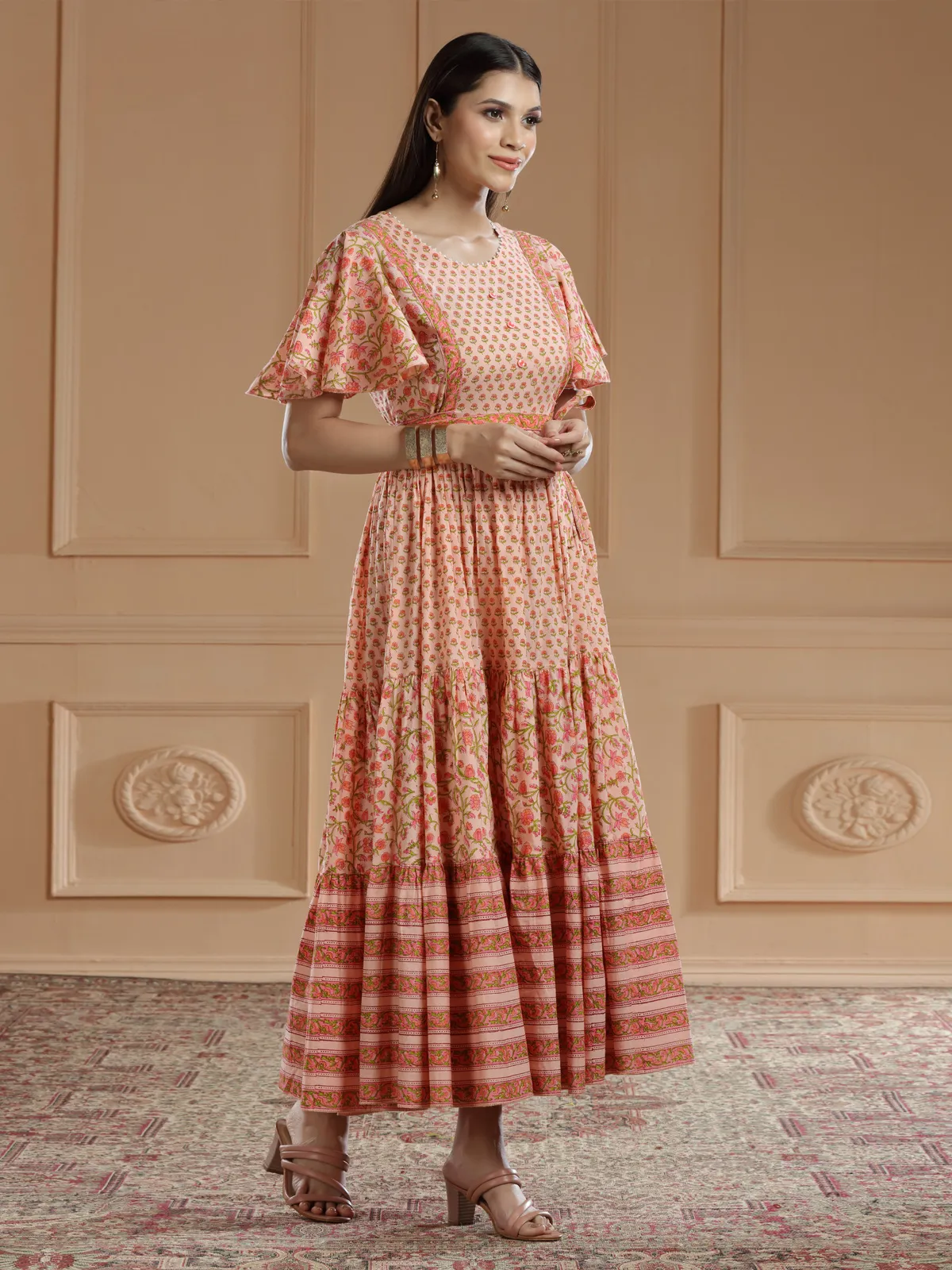 Peach printed style festive cotton silk kurti