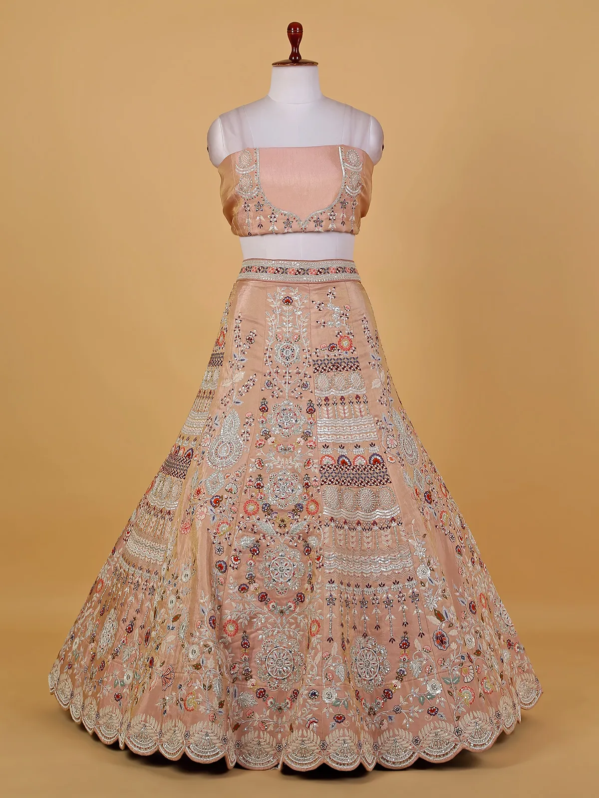 Peach raw silk embroidery unstitched lehenga choli