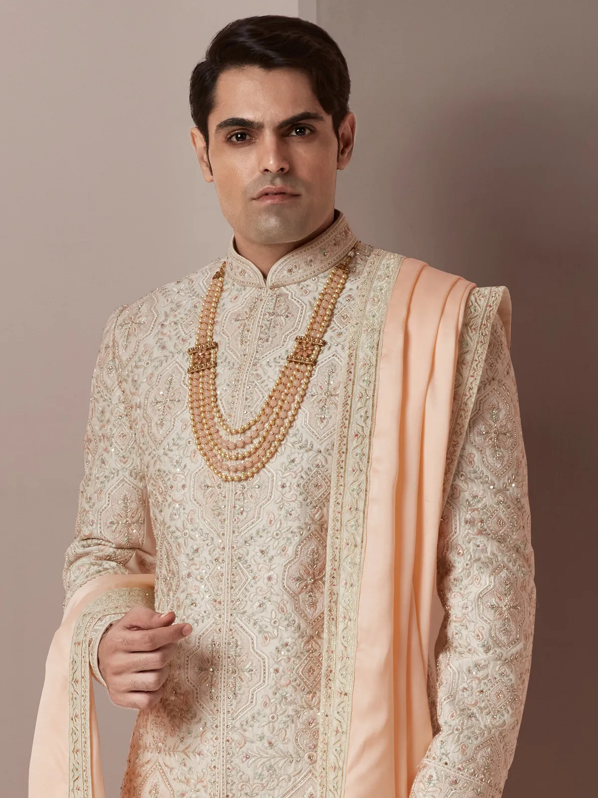 Peach raw silk groom and wedding men sherwani