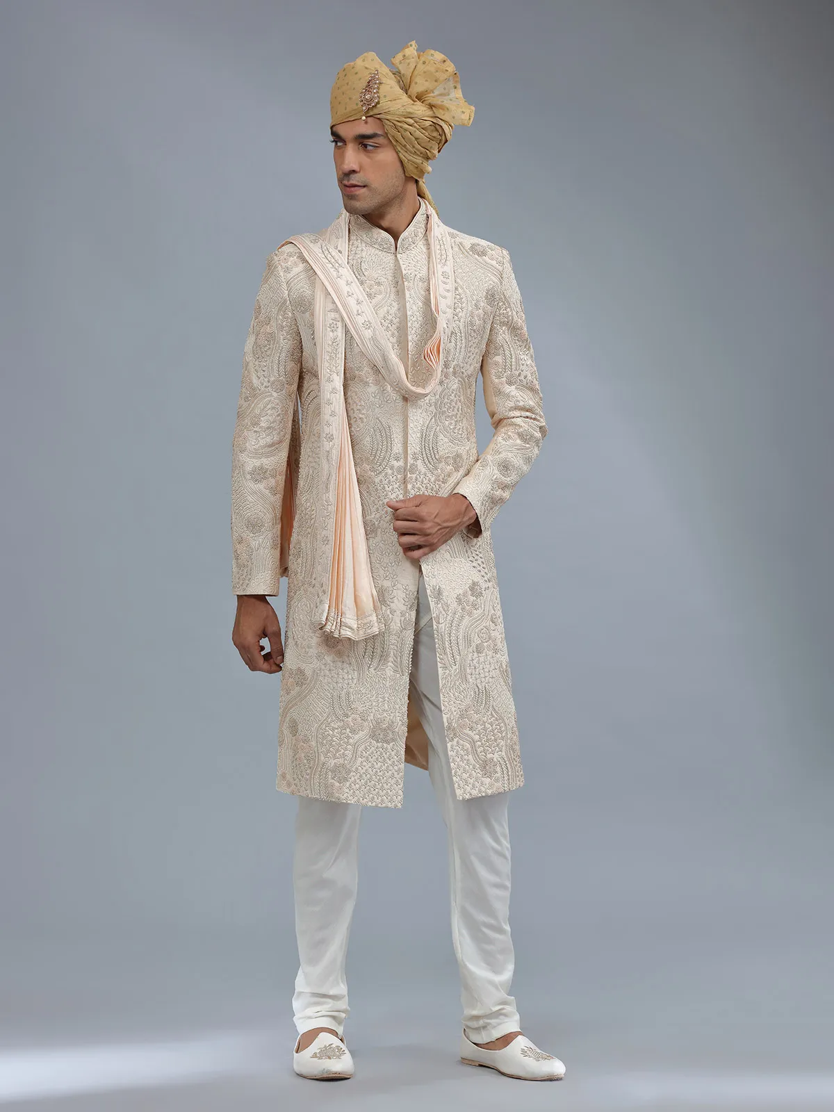 Peach raw silk groom style sherwani for men