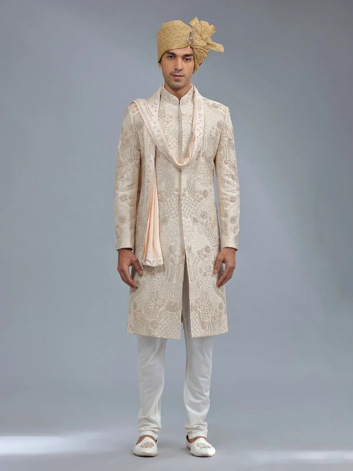 Peach raw silk groom style sherwani for men