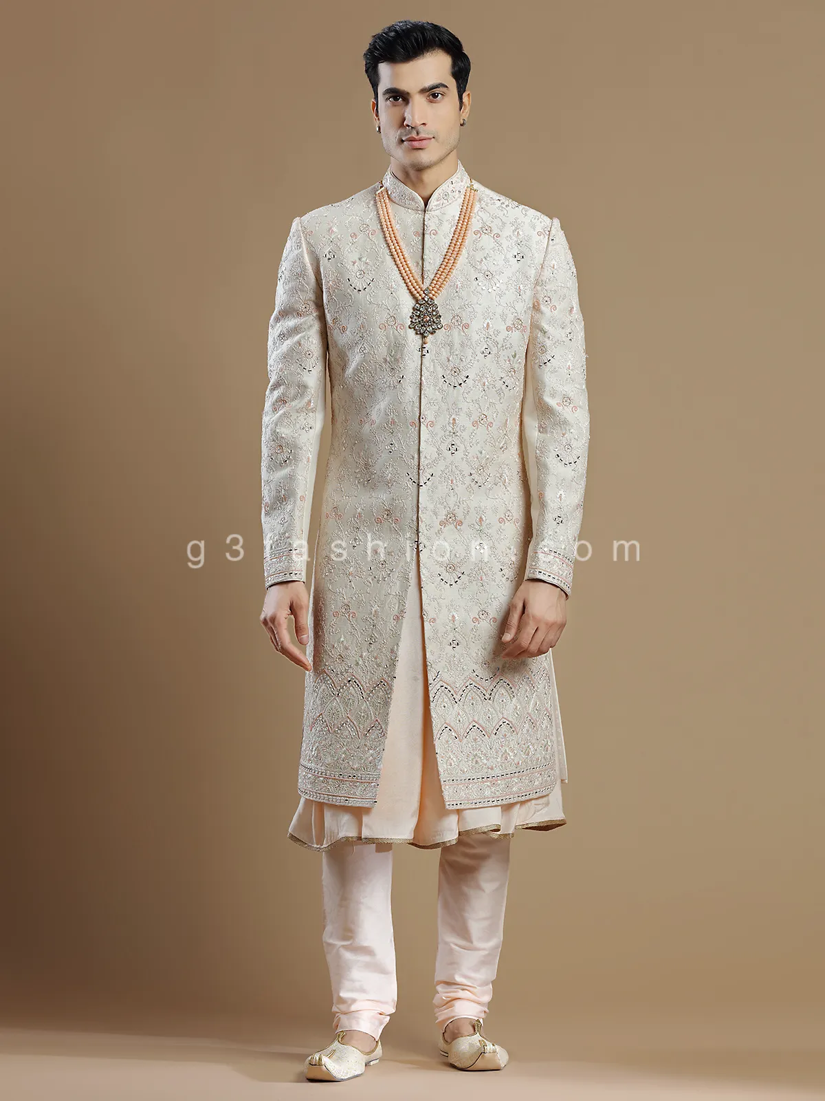 Peach raw silk groom wear stunning sherwani