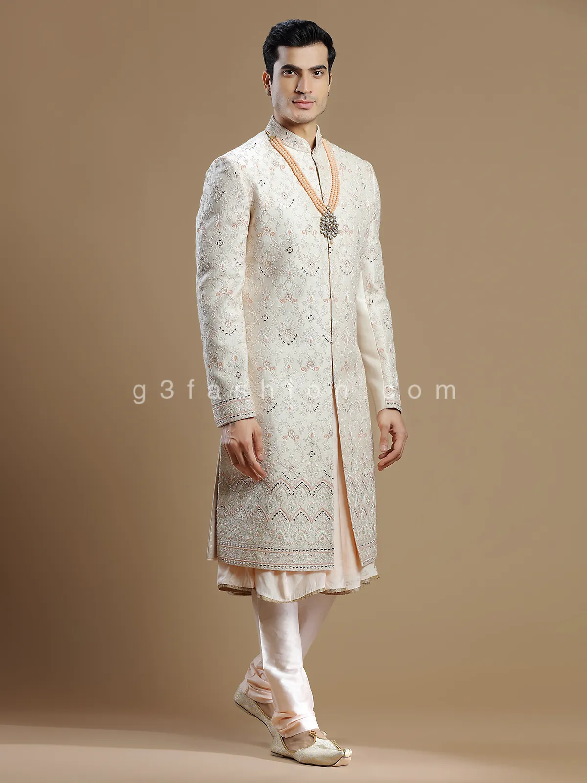 Peach raw silk groom wear stunning sherwani