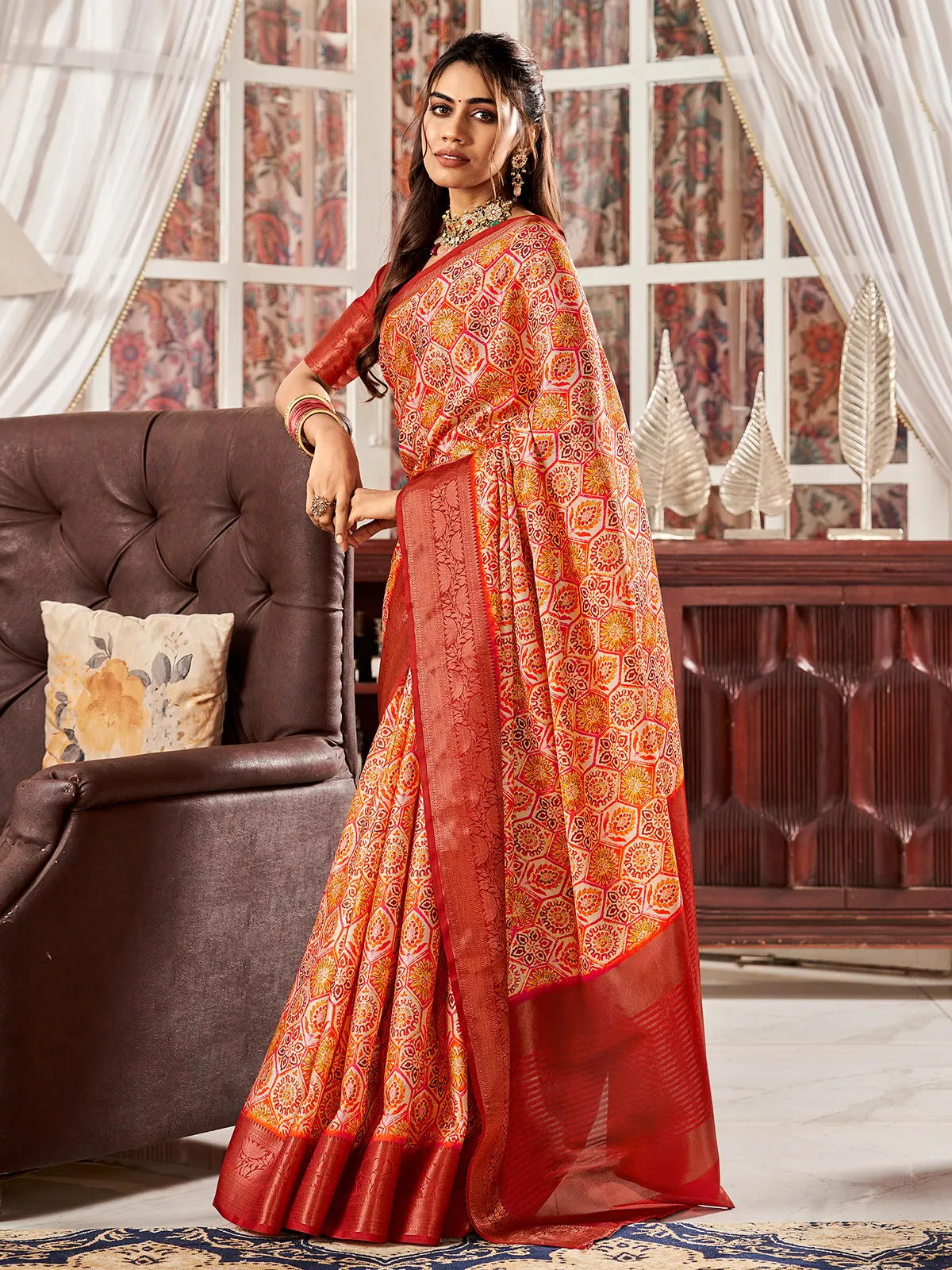 Peach satin digital printed saree