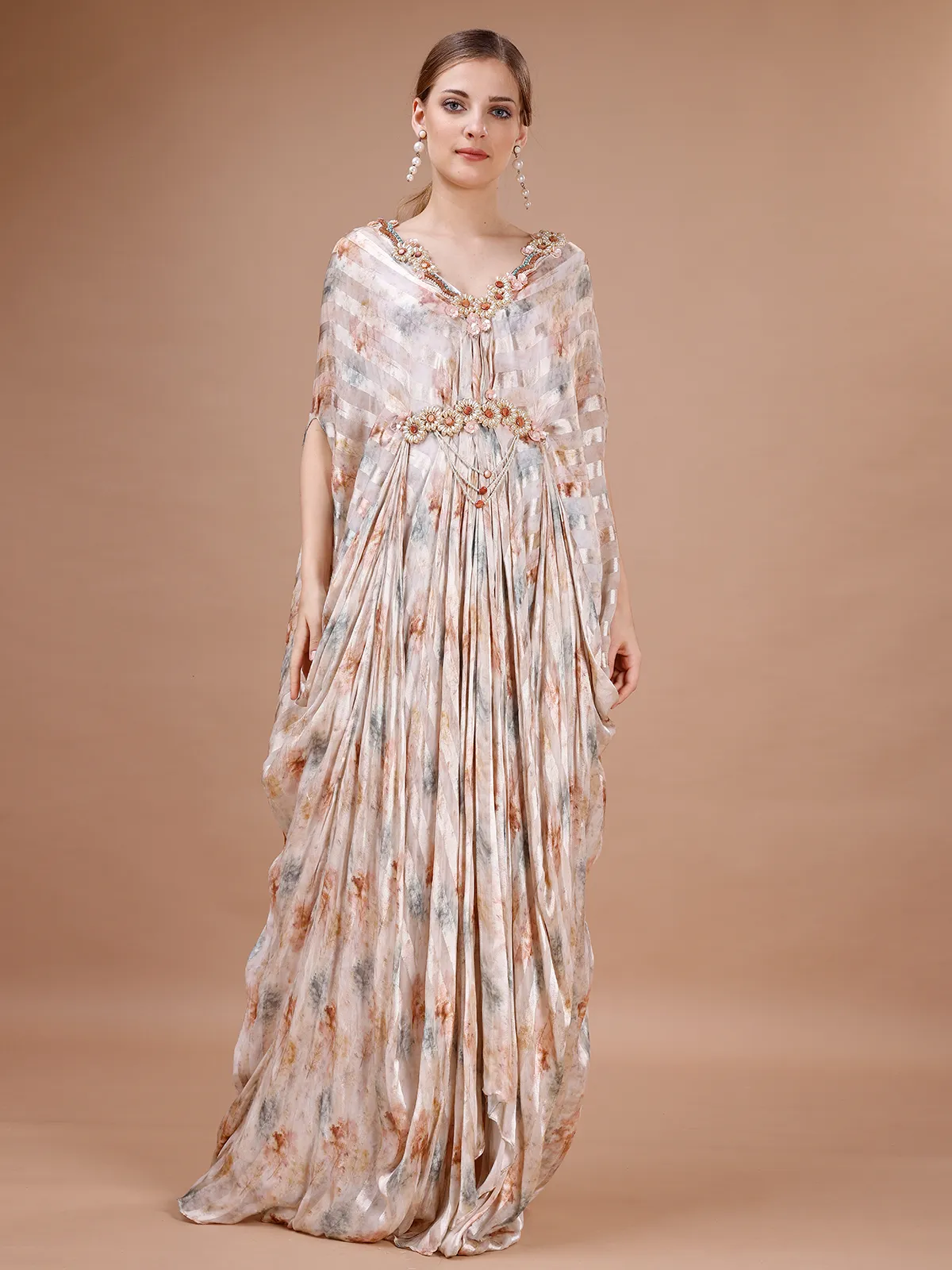 Peach satin stripe kaftaan style gown