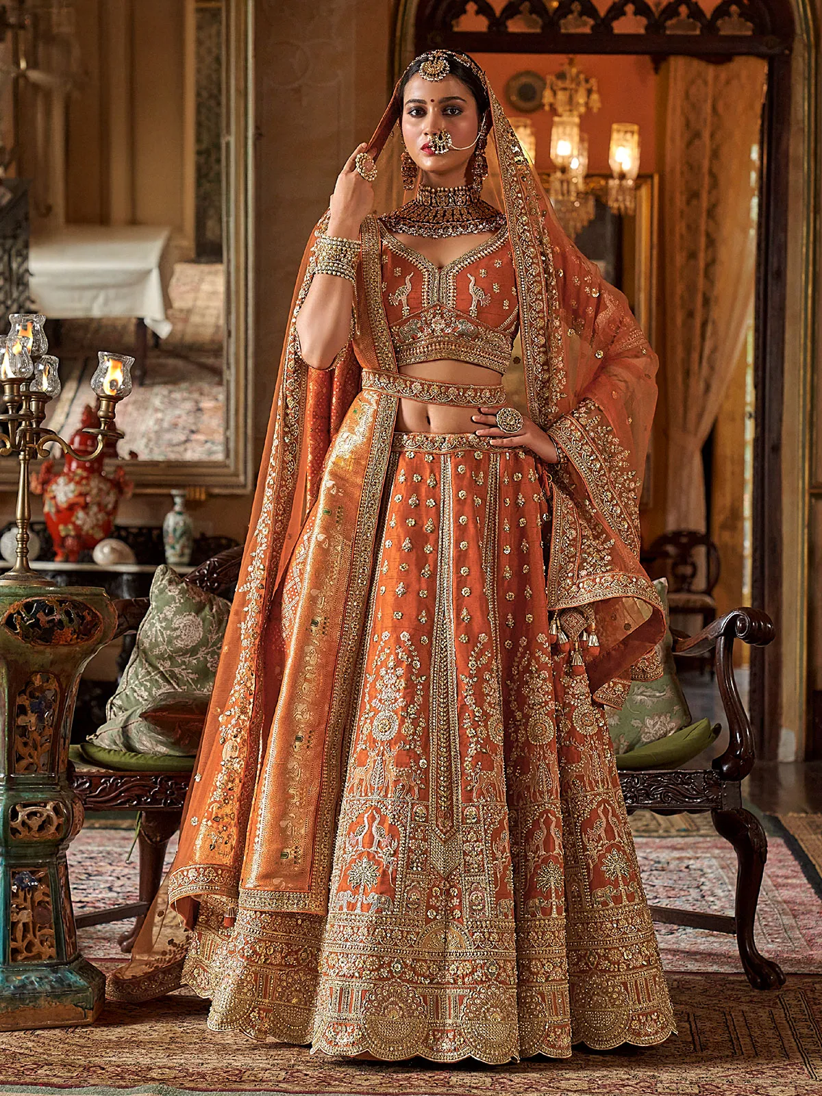 Peach Silk Bridal Lehenga Choli With Two Dupatta