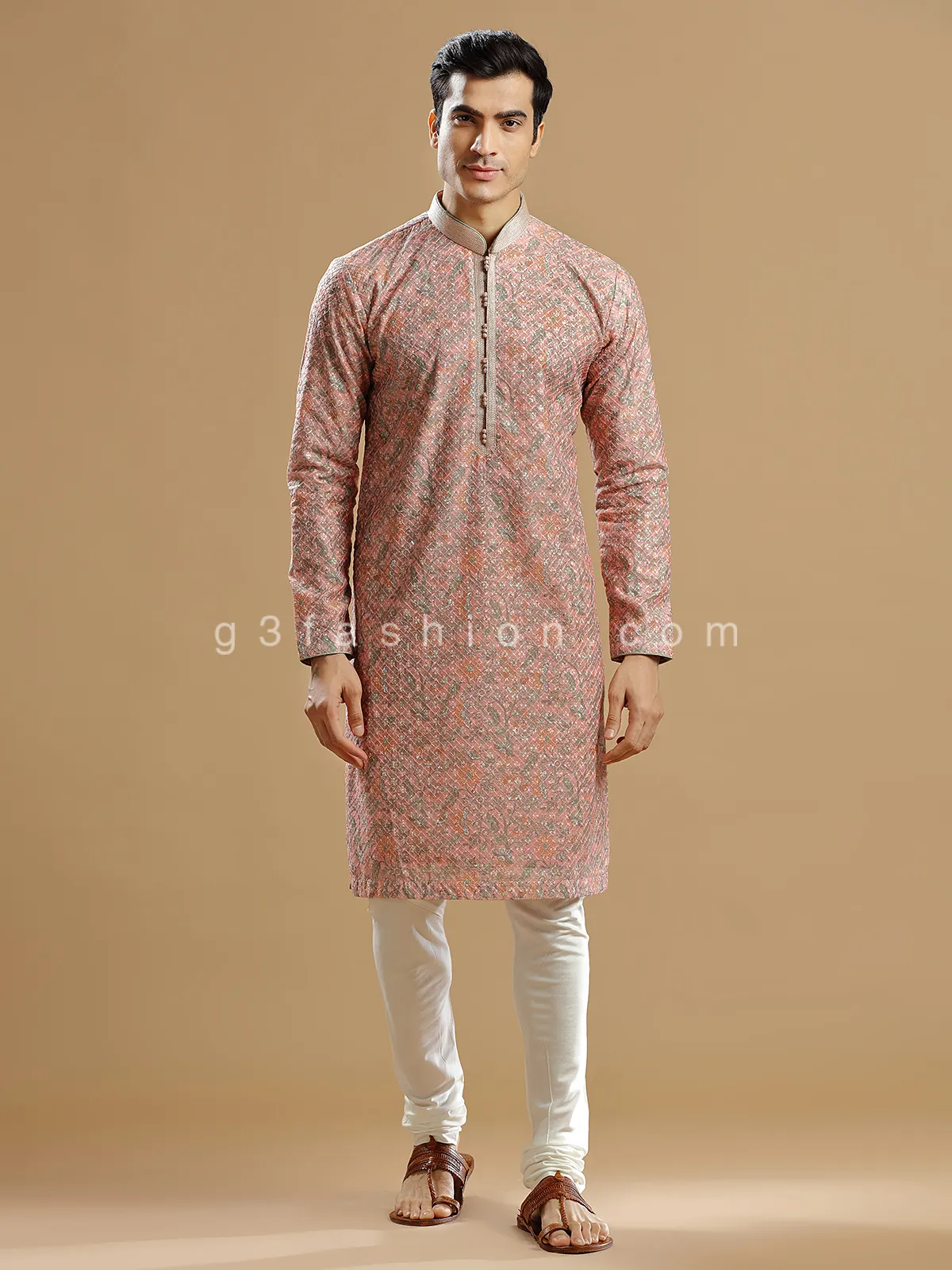 Peach silk printed  Men Kurta pajama