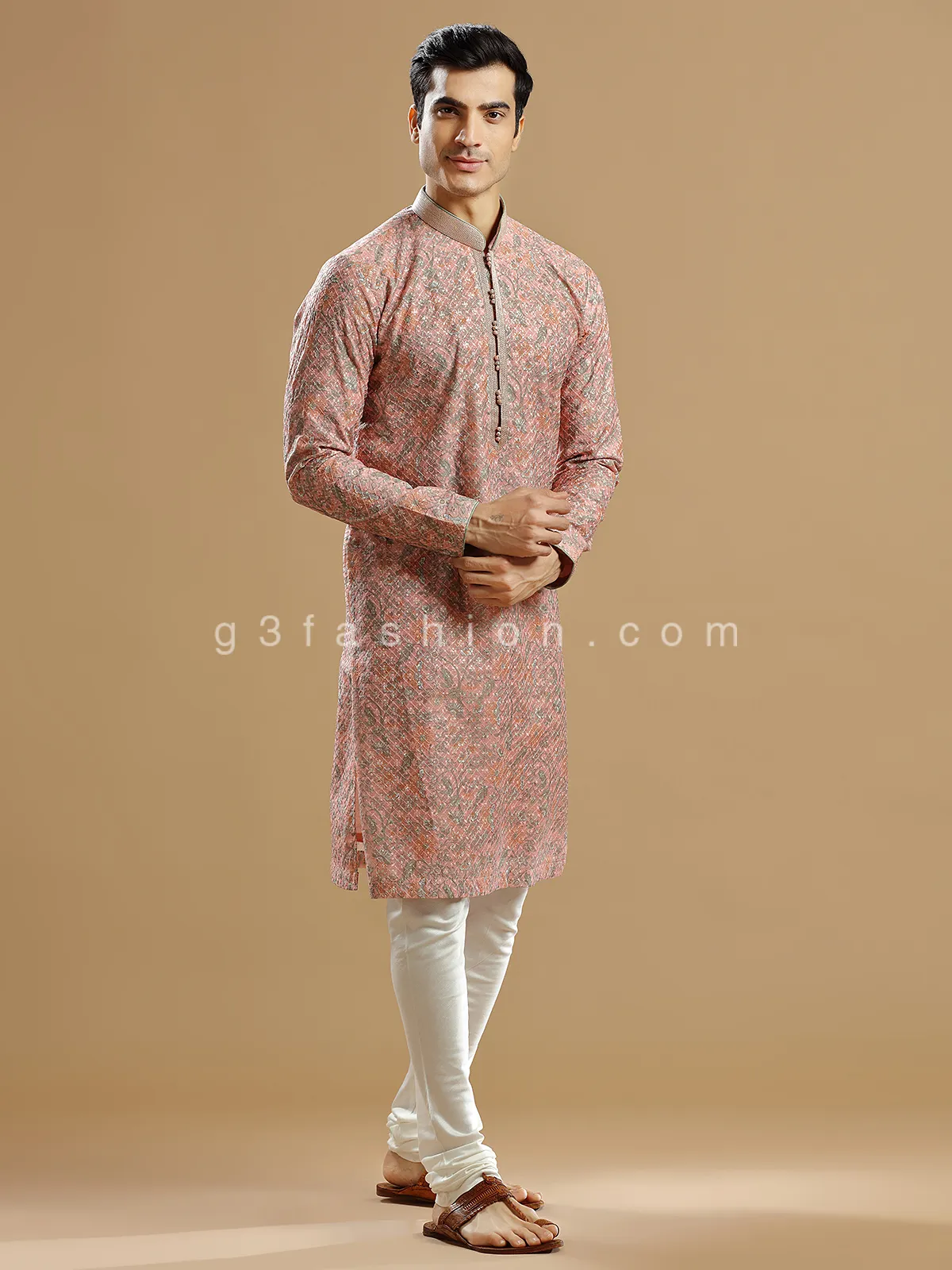 Peach silk printed kurta suit