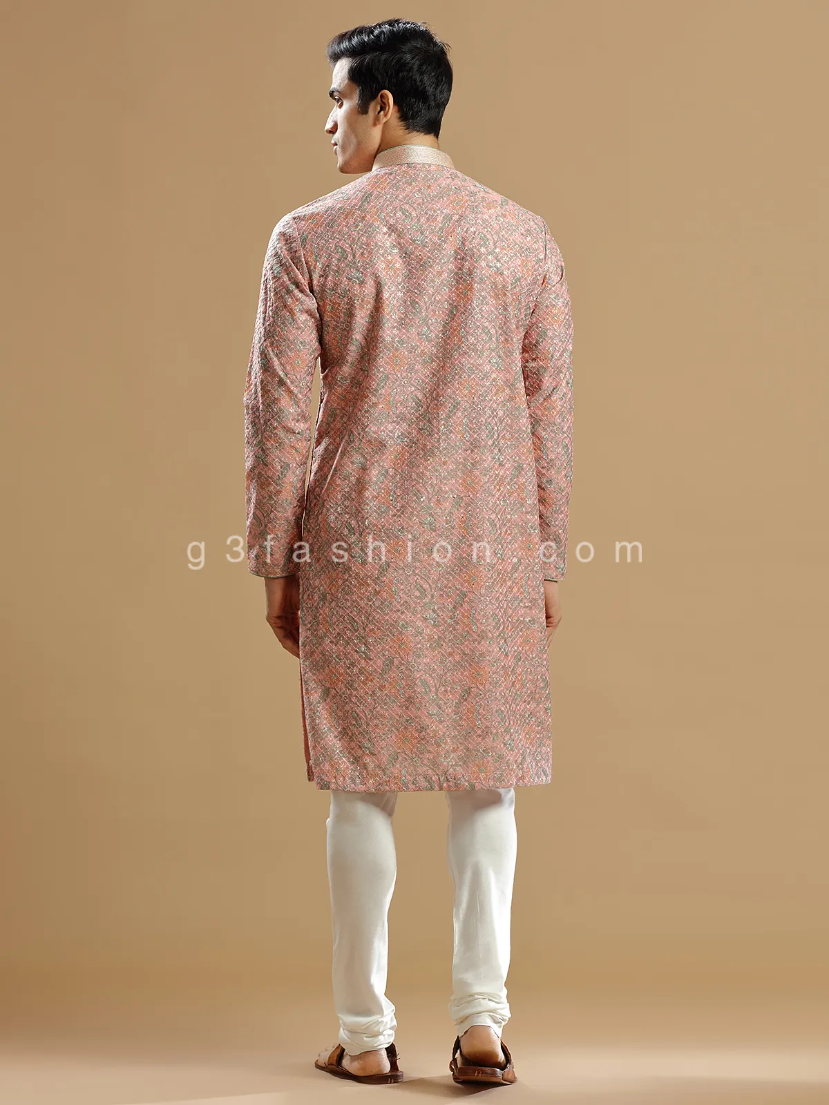 Peach silk printed kurta suit