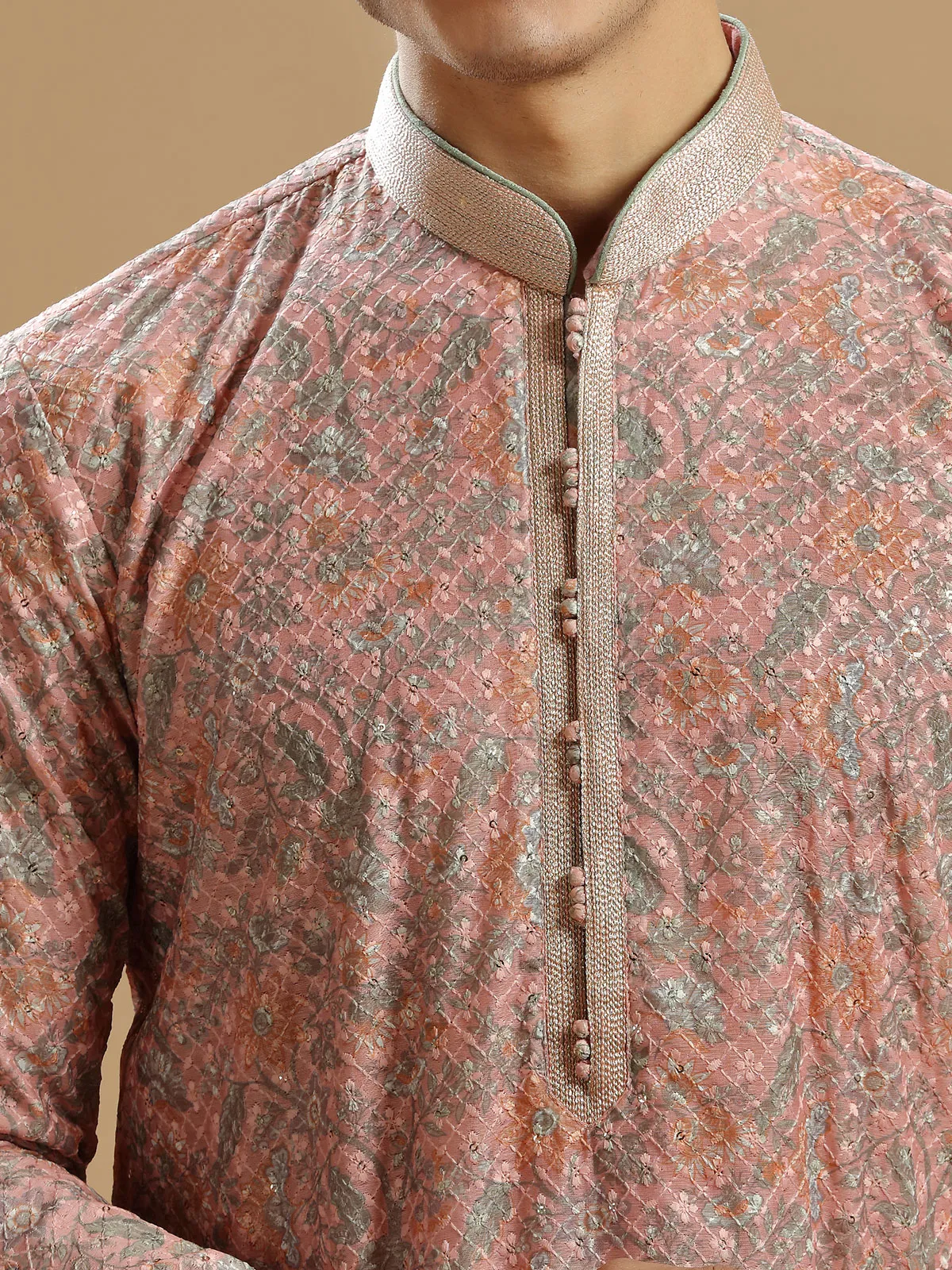 Peach silk printed  Men Kurta pajama