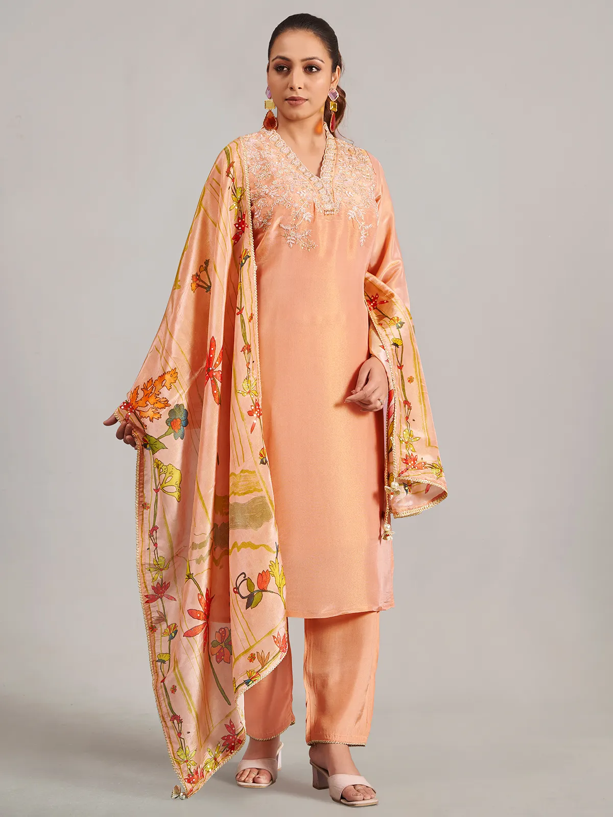 Peach silk salwar suit with printed dupatta