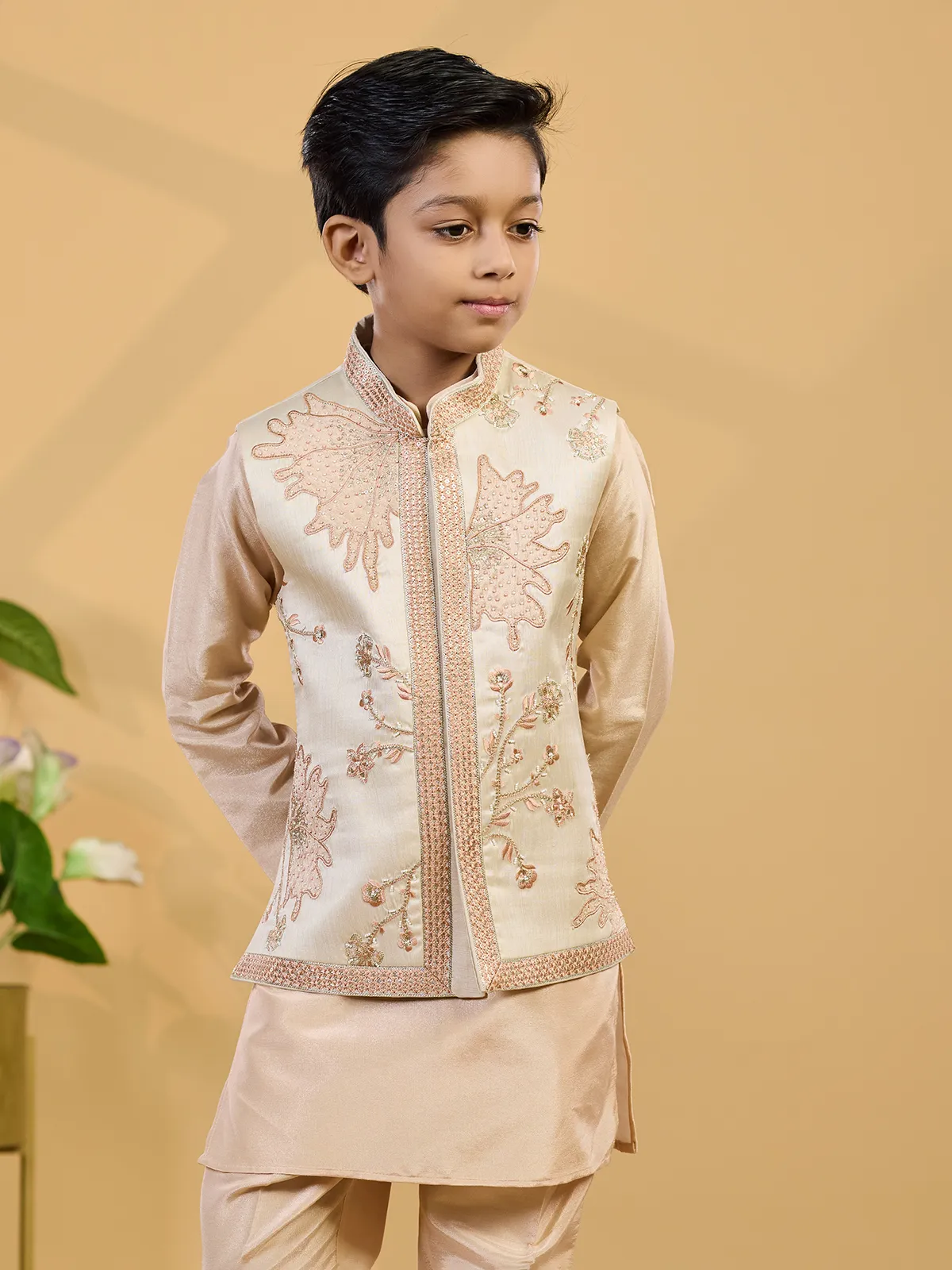 Peach silk waistcoat set with festive handcrafted detailing