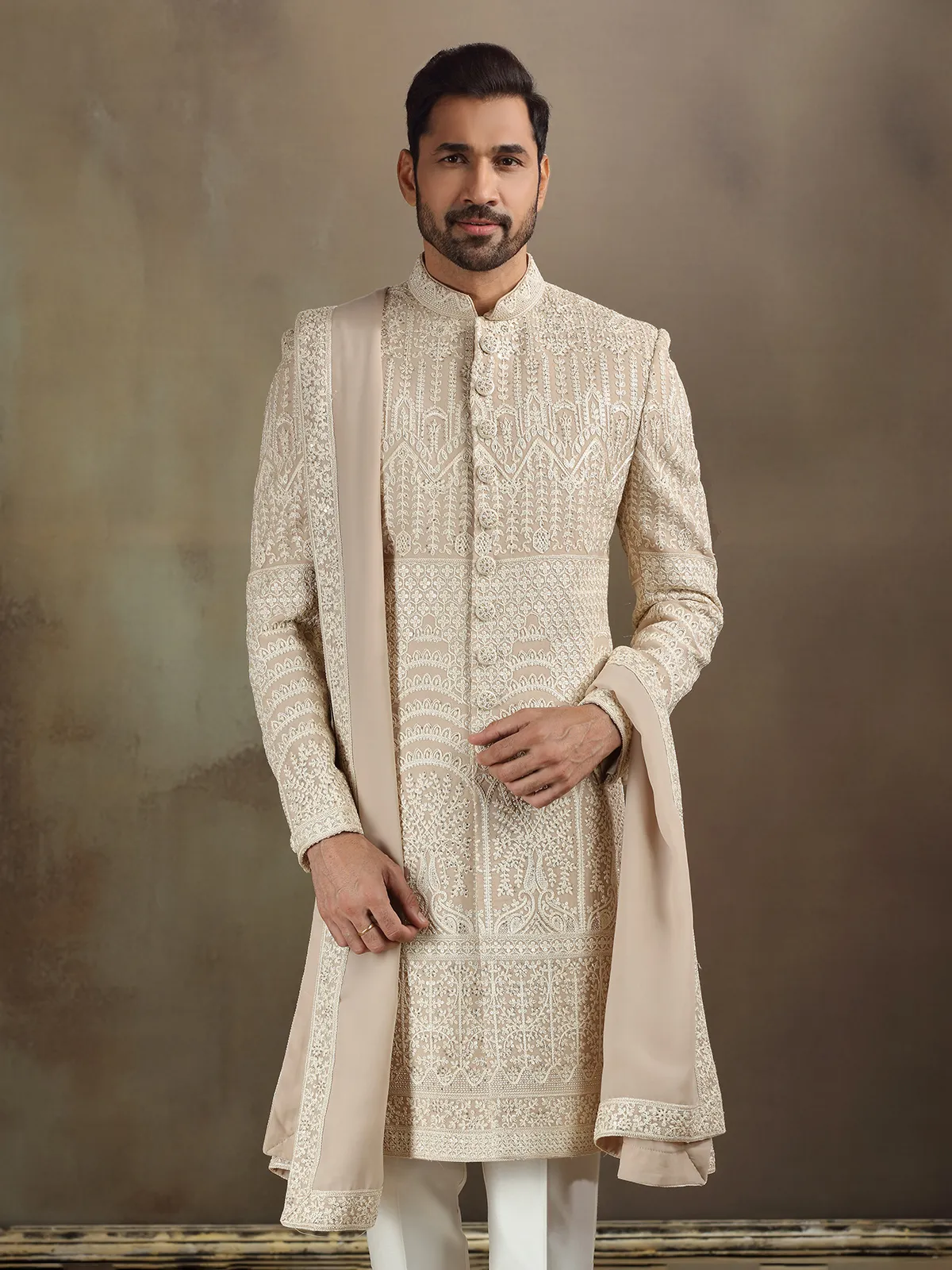 Peach silk wedding wear sherwani with dupatta for mens
