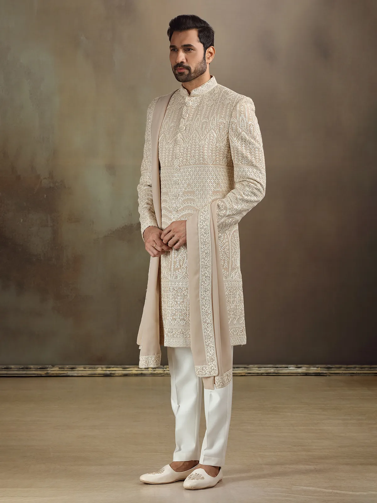 Peach silk wedding wear sherwani with dupatta for mens