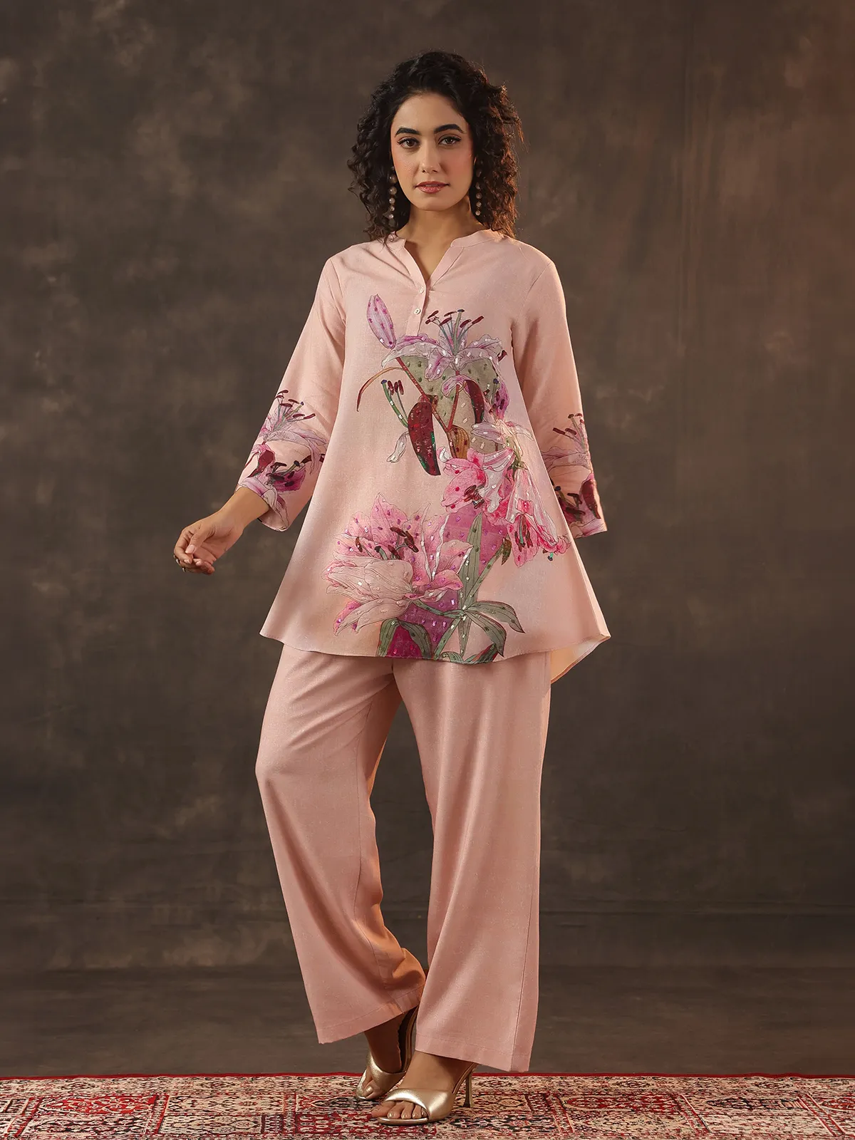 Peach silver linen sequin printed co ord set