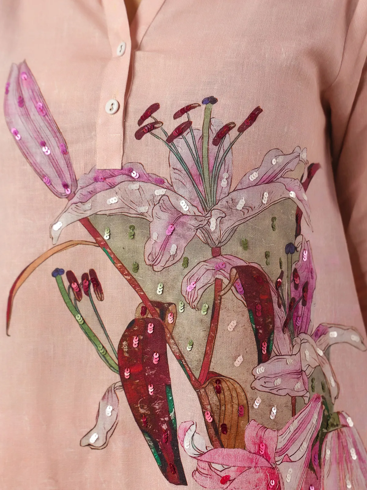 Peach silver linen sequin printed co ord set