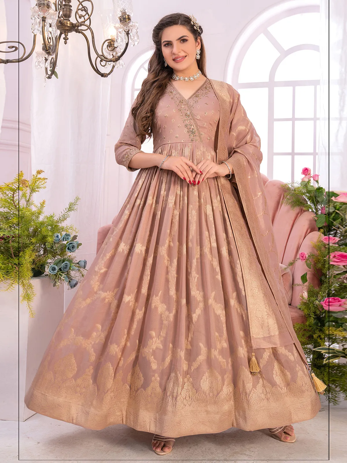 Peach tissue silk anarkali suit for wedding