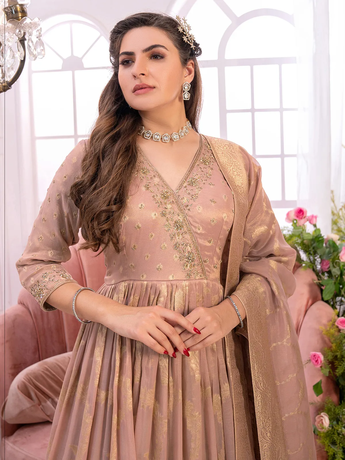 Peach tissue silk anarkali suit for wedding