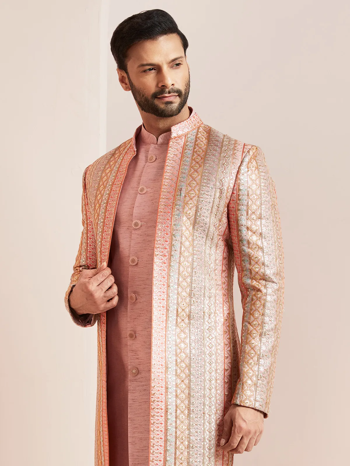 Peach wedding look silk indowestern