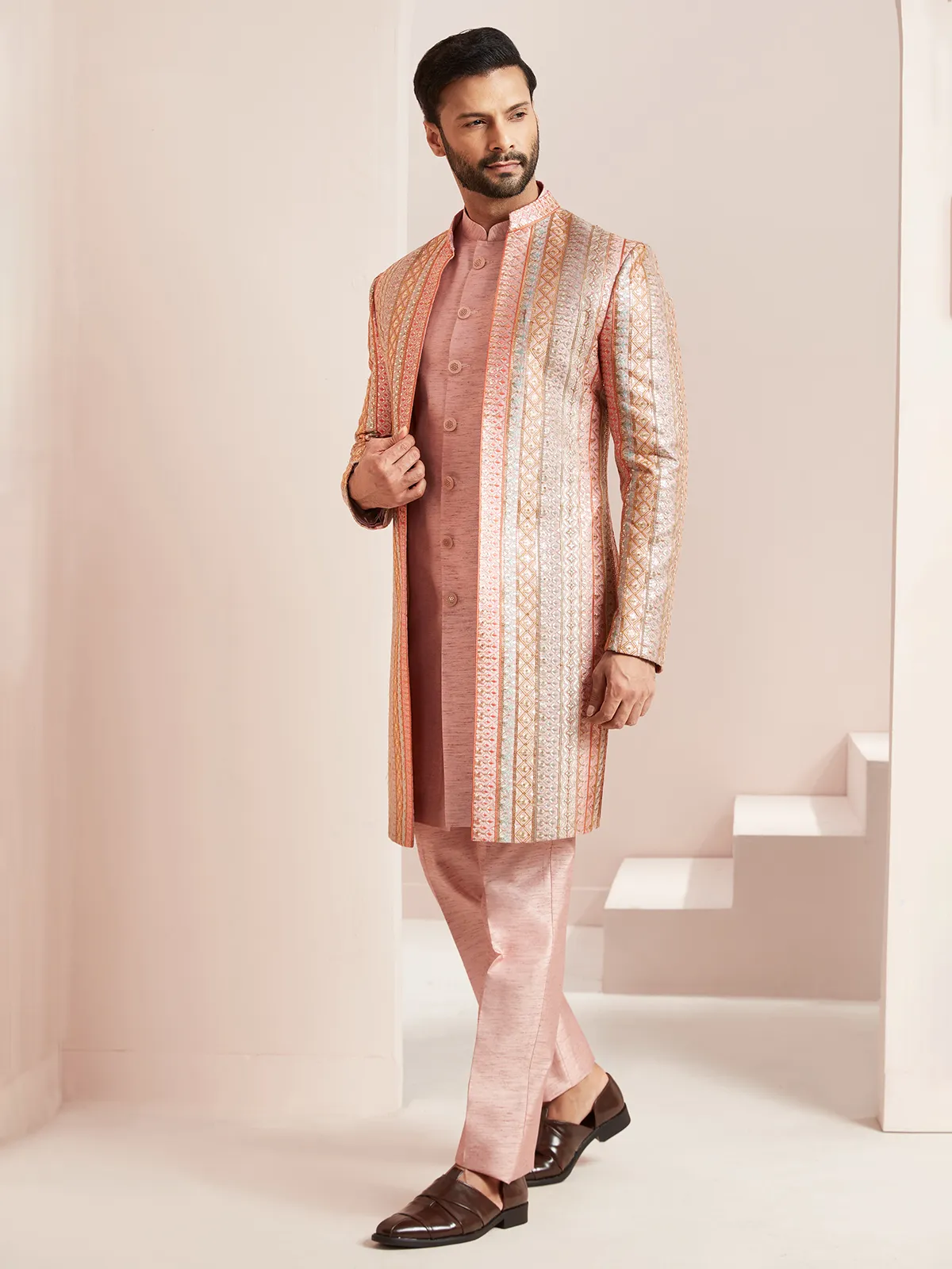 Peach wedding look silk indowestern